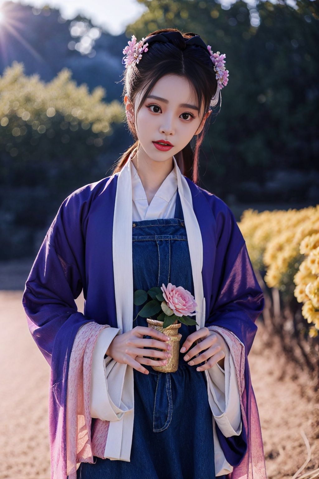 best qality,high details, textured skin,1girl wear hanfu,outdoor,flower,perfect face,(cowboy shot:1.3),Normal facial features,ulzzang-6500, (pureerosface_v1:1.3)   <lora:wdr_realisti_chanfu:1>