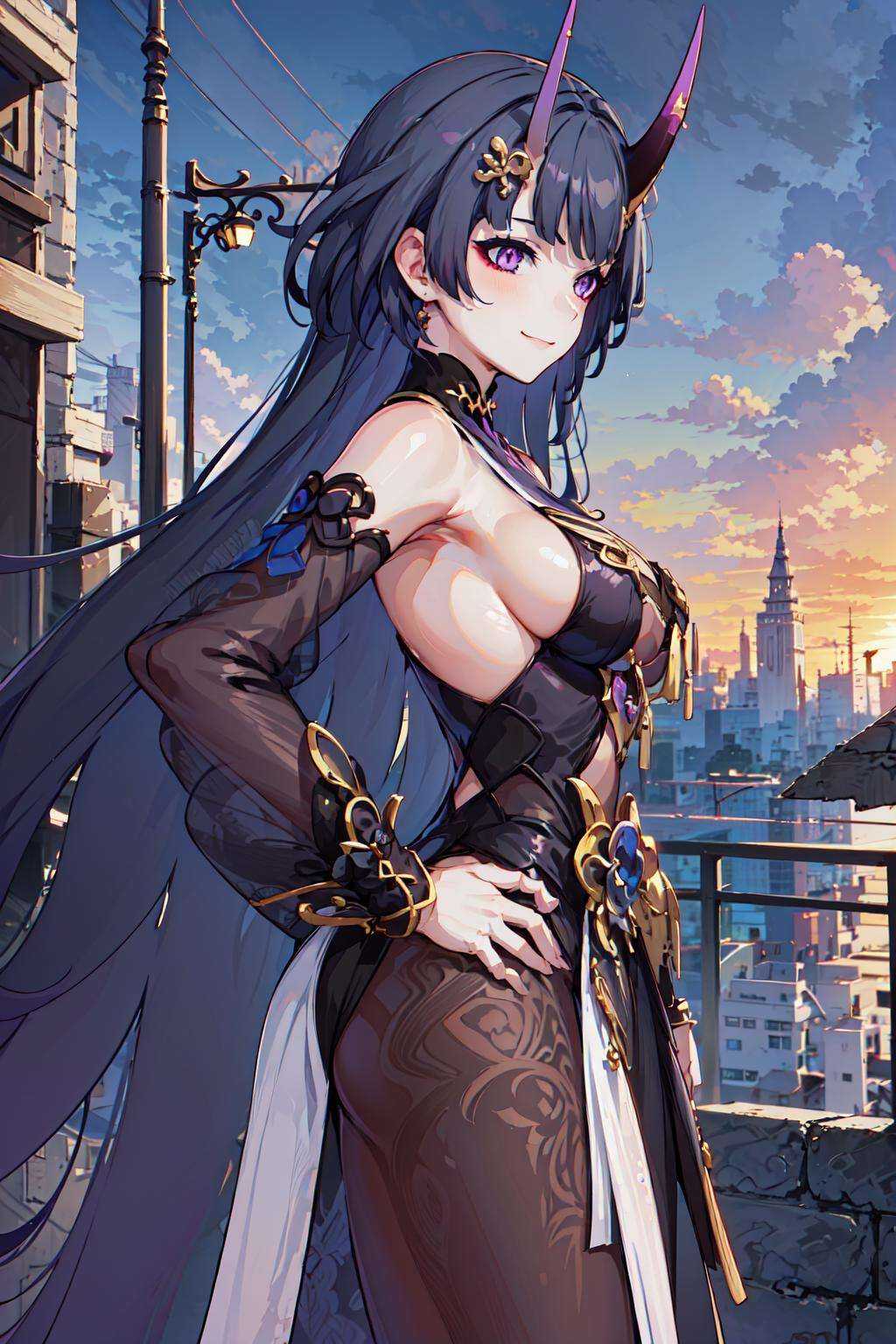ultra high res,masterpiece,best quality,1girl,smile,standing,cowboy shot,hand on hip,from side,outdoors,street,building,sunset,<lora:Raiden Mei-Aqueous Springtide_final:0.8>,yae,bodystocking,