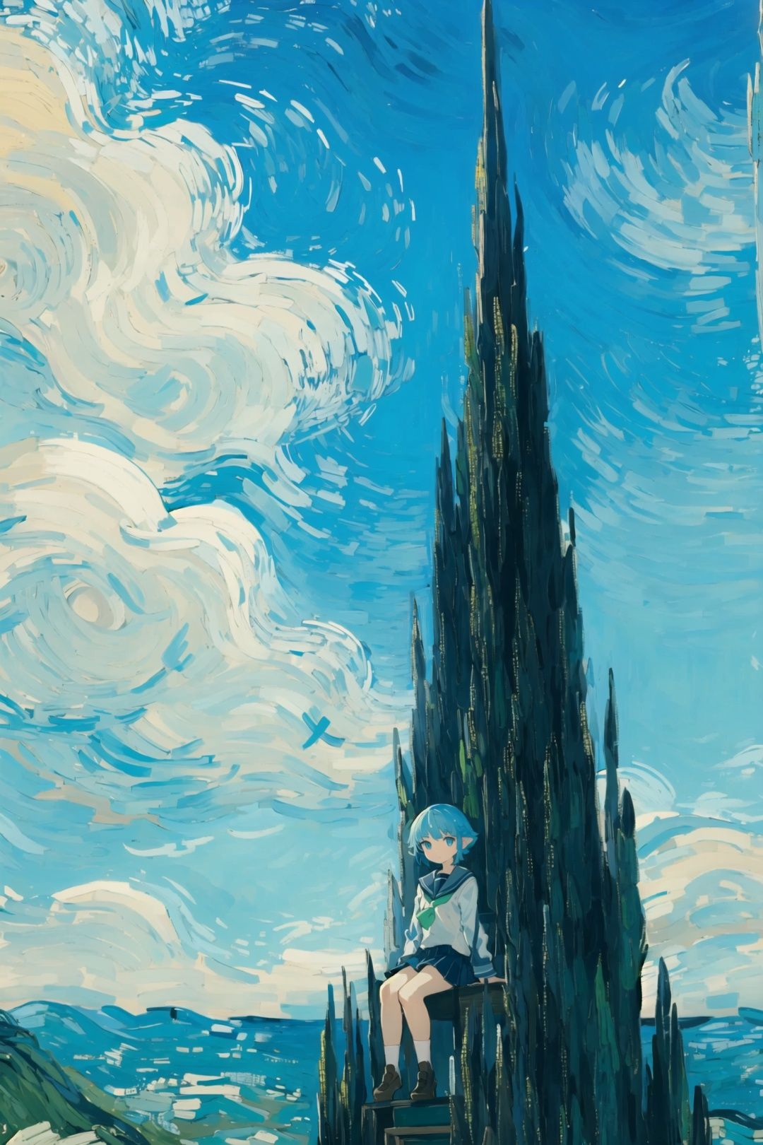 vg,<lora:vgv1:1>,the girl sitting on the black twisted tower in the distance,blue hair,green hair,very wide shot,school uniform,blue sky,1sun,clouds,