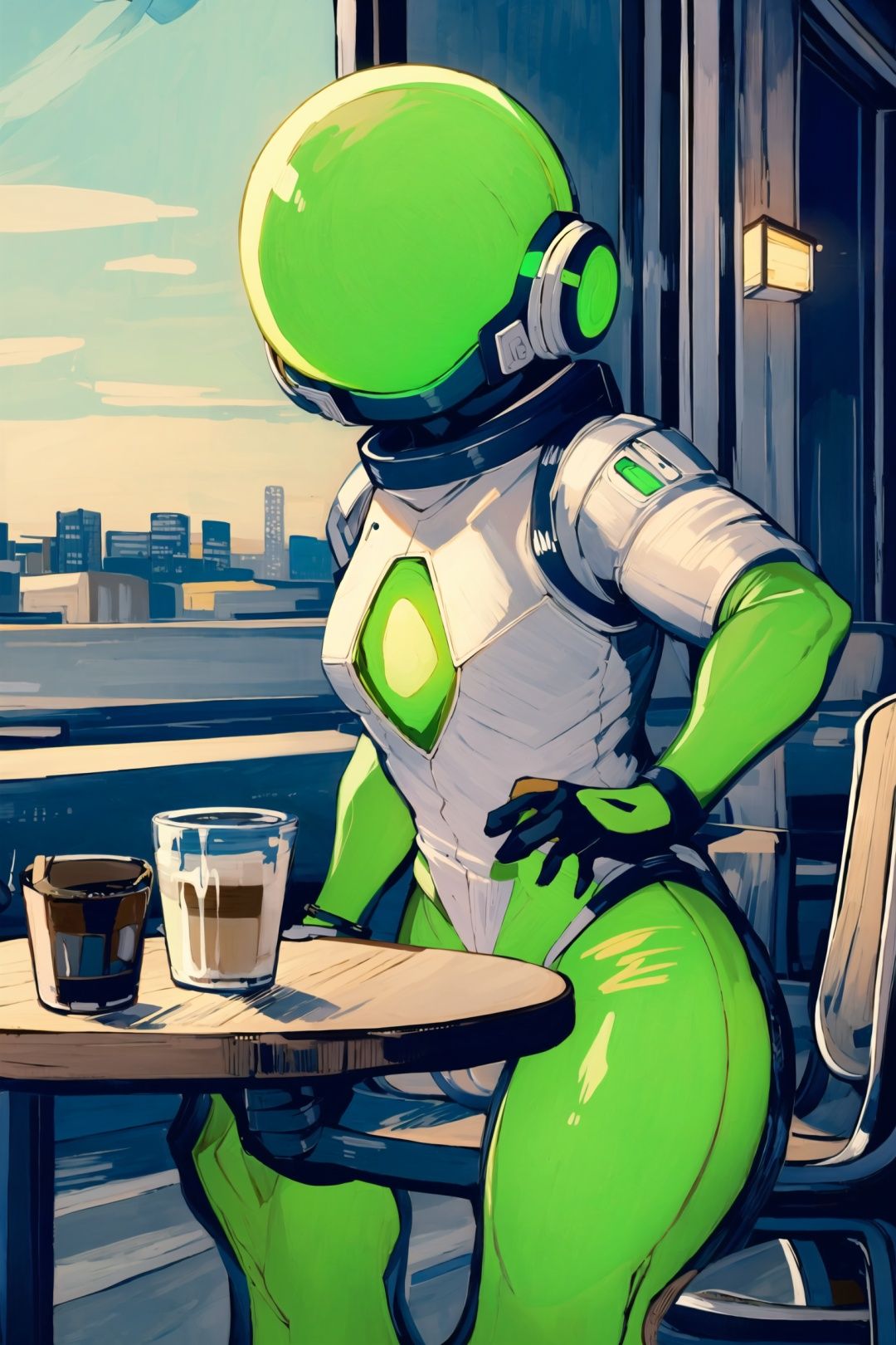 vg,<lora:vgv1:1>,details,wide shot,tables and chairs and in a coffee shop on a city street,day,a green glowing female alien wearing space suits