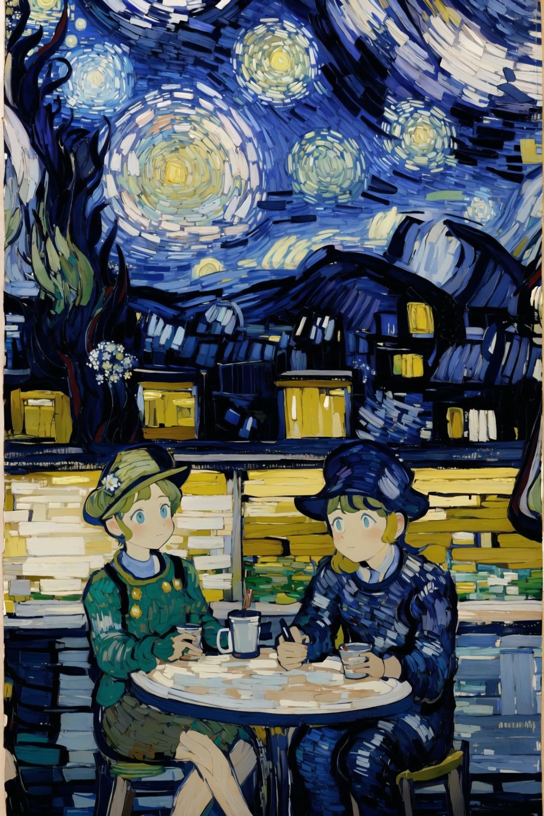vg,<lora:vgv1:1>,Van Gogh sitting in a cafe, streets,city,details,starry night