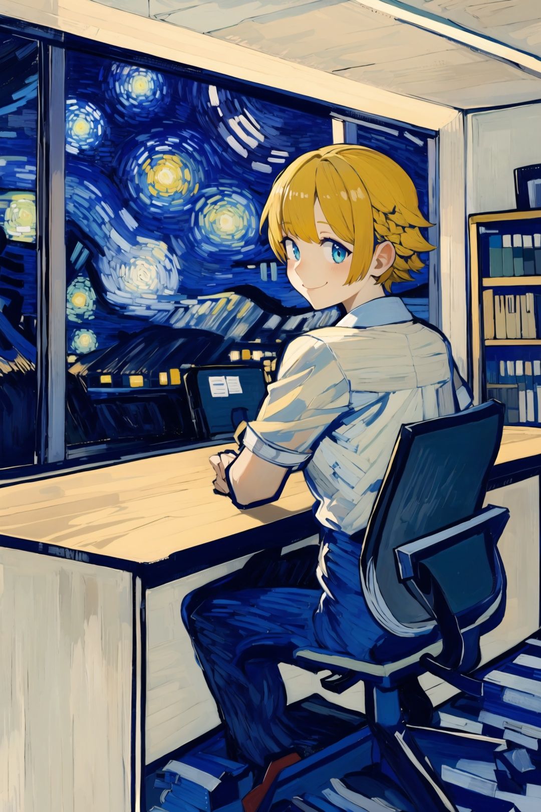 vg,<lora:vgv1:1>,city,starry night,floor-to-ceiling windows, 1girl,smile,yellow hair, standing, from behind,office uniform,office