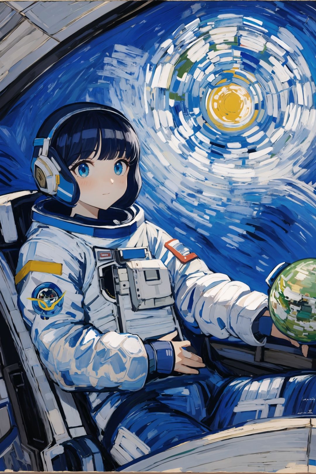 vg,<lora:vgv1:1>,details,a girl sitting in a spaceship with the small Earth outside the window,astronaut suit 
