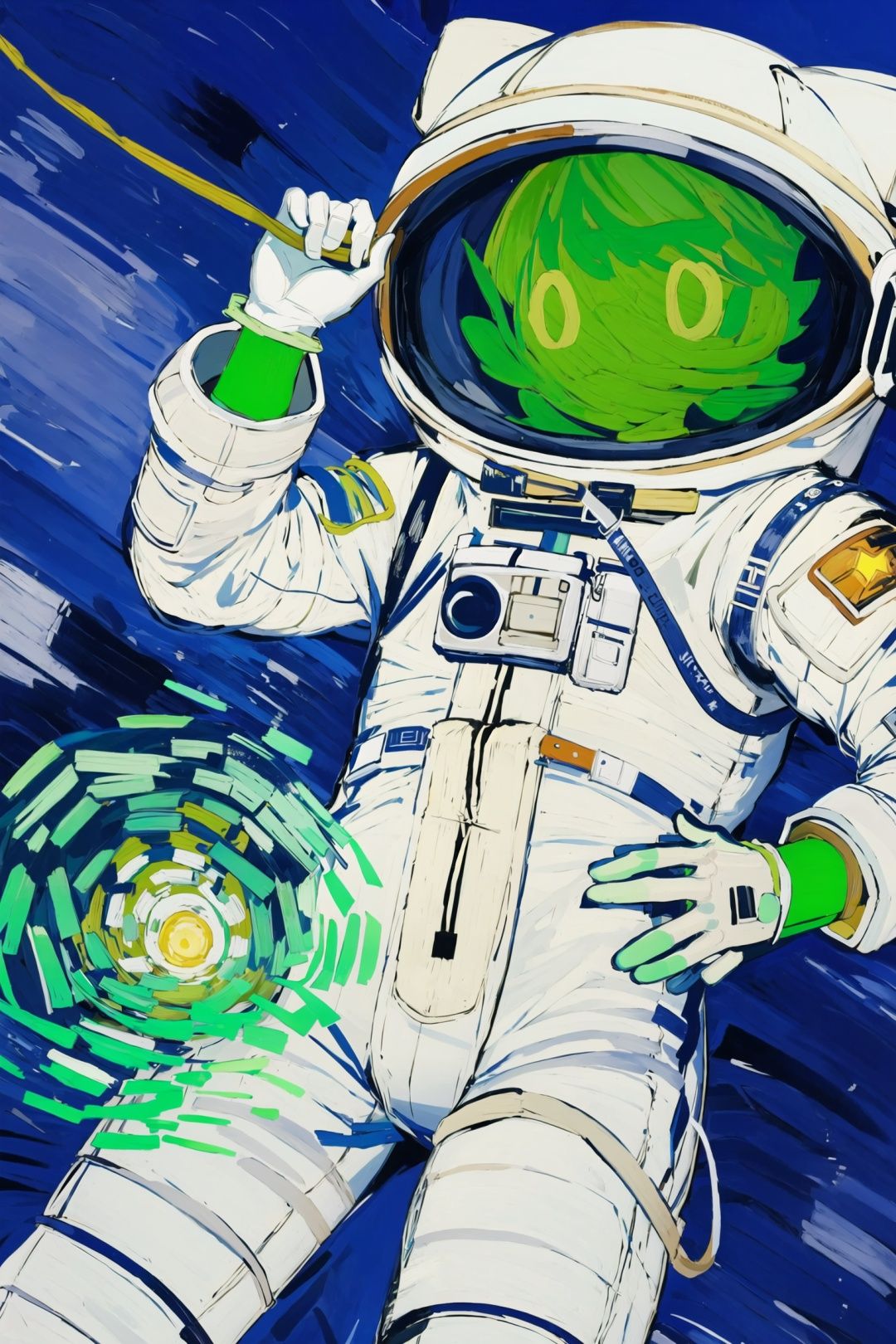 vg,<lora:vgv1:1>,details,a boy in an astronaut suit floating in space, waist tied with a safety rope, holding a green glowing star,white gloves