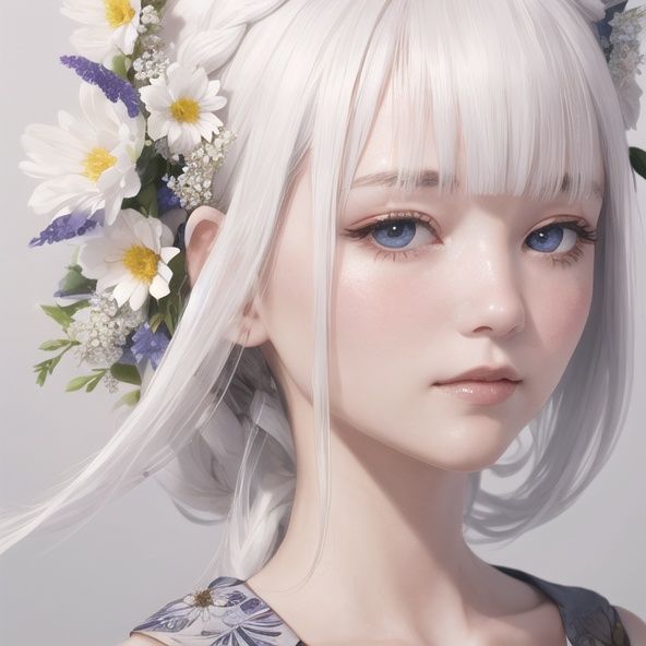 1girl, detailed face, (flowers), white hair