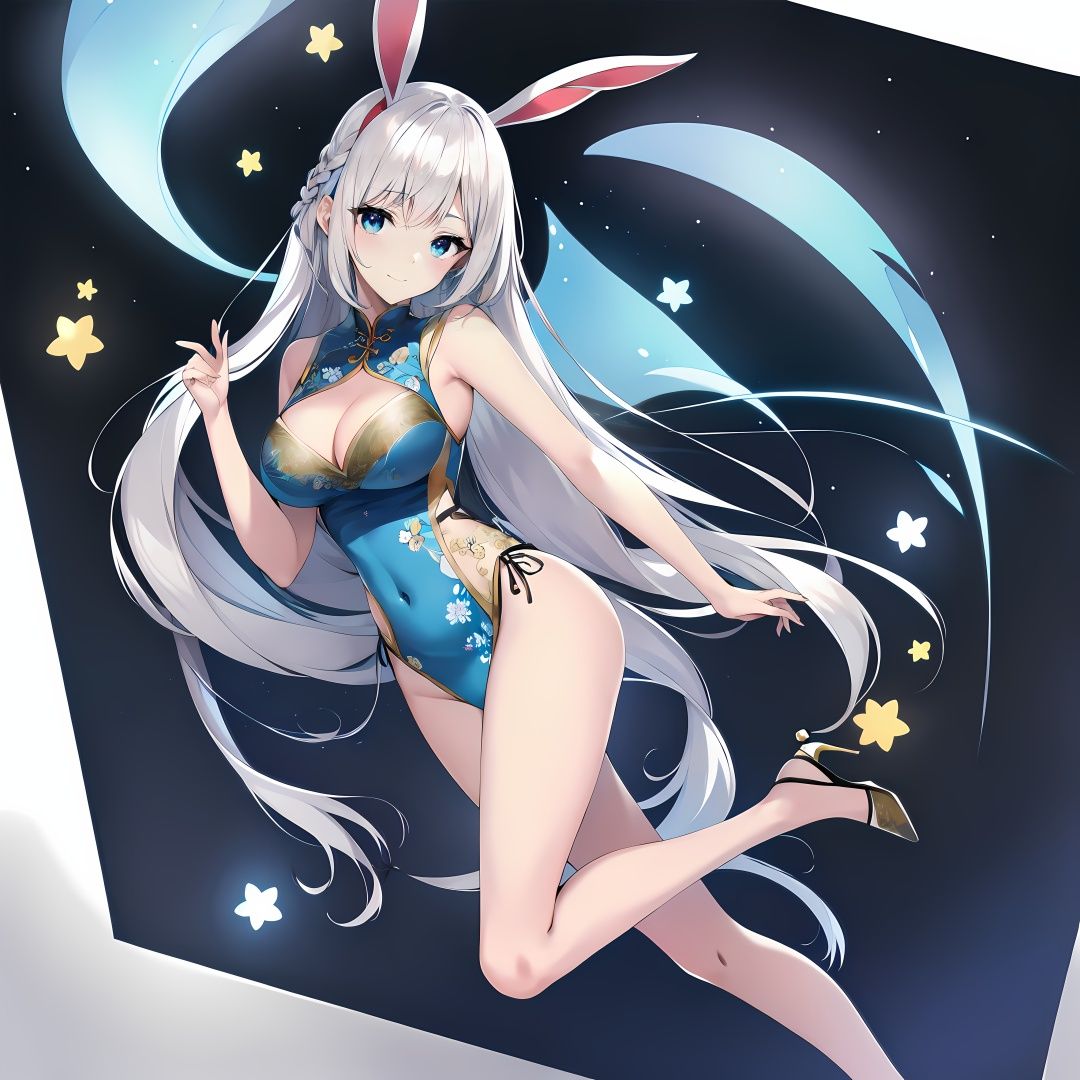 HDR,UHD,8K,best quality,masterpiece,Highly detailed,ultra-fine painting,sharp focus,ultra high res,wide shot,wide-angle view,Lateral face,Water reflection,1girl,white skin,slender,narrow waist,large breasts,gradient_eyes,bunny  ears,silver hair,gradient hair,(absurdly long hair:1.3),standing,look  at  viewer,hanfu,chinese clothes,jewelry,lace  trim,high  heels,lace  legwear,  floating and rainbow long hair,Iridescence and rainbow, beautiful detailed starry sky