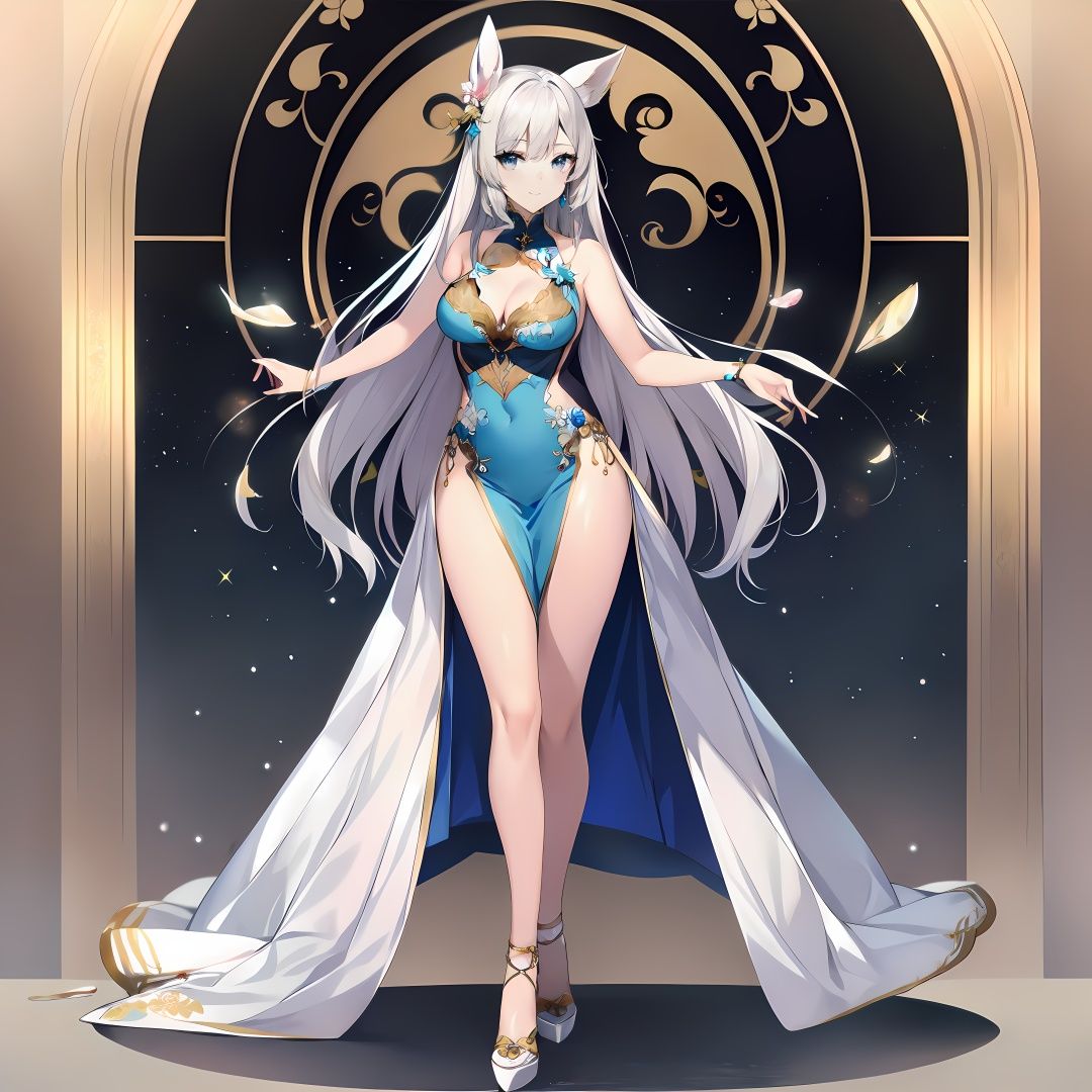 HDR,UHD,8K,best quality,masterpiece,Highly detailed,ultra-fine painting,sharp focus,ultra high res,wide shot,wide-angle view,Lateral face,Water reflection,1girl,white skin,slender,narrow waist,large breasts,gradient_eyes,bunny  ears,silver hair,gradient hair,(absurdly long hair:1.3),standing,look  at  viewer,hanfu,chinese clothes,jewelry,lace  trim,high  heels,lace  legwear, (((crystals texture Hair))),((beautiful detailed glass hair)),((glass shaped texture hand)),((crystallize texture body)),gem body,hands as clear as jewels,crystallization of clothes,((crystals texture skin)),sparkle, lens flare, light leaks,broken glass,detailed glass shaped clothes,beautiful detailed gemstone sky, gemstone sea, crystals texture flowers,((detailed crystallized clothing))