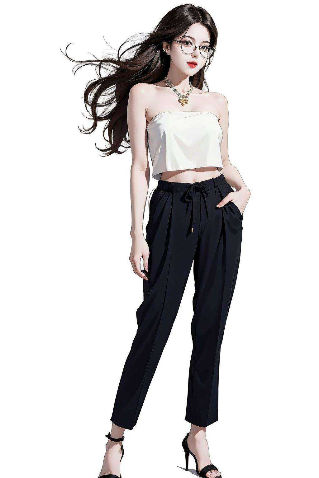 masterpiece, best quality, ((pure white background)), standing, wearing glasses, long curly hair, cold face, full body, gray casual suit pants, High heel, ((white tube top)), black jacket, (Fashionable clothing:1.3), happy, light effect, soft, super clear, high-definition picture, (front)