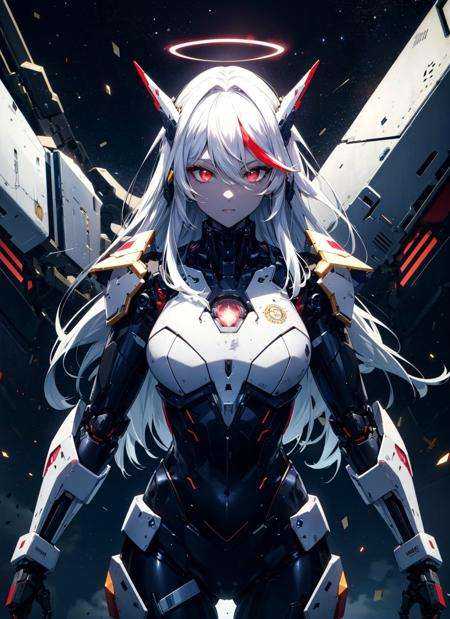masterpiece,best quality,ultra-detailed,very detailed illustrations,extremely detailed,intricate details,highres,super complex details,extremely detailed 8k cg wallpaper,cowboy shot, caustics,reflection,ray tracing,demontheme,nebula,dark aura,cyber effect, (1girl:1.4),solo,alone,mecha musume,mechanical parts, robot joints,single mechanical arm, headgear, mechanical halo,star halo,intricate mechanical bodysuit, mecha corset, full armor, very long hair,white hair, hair between eyes, multicolored hair, colored inner hair, red eyes,glowing eye,eye trail, random expressions,random action, ancient japanese architecture,pond, starry sky,skyline,  <lora:AMechaSSS[color_theme,mecha musume, mechanical parts,robot joints,headgear]:0.8>,