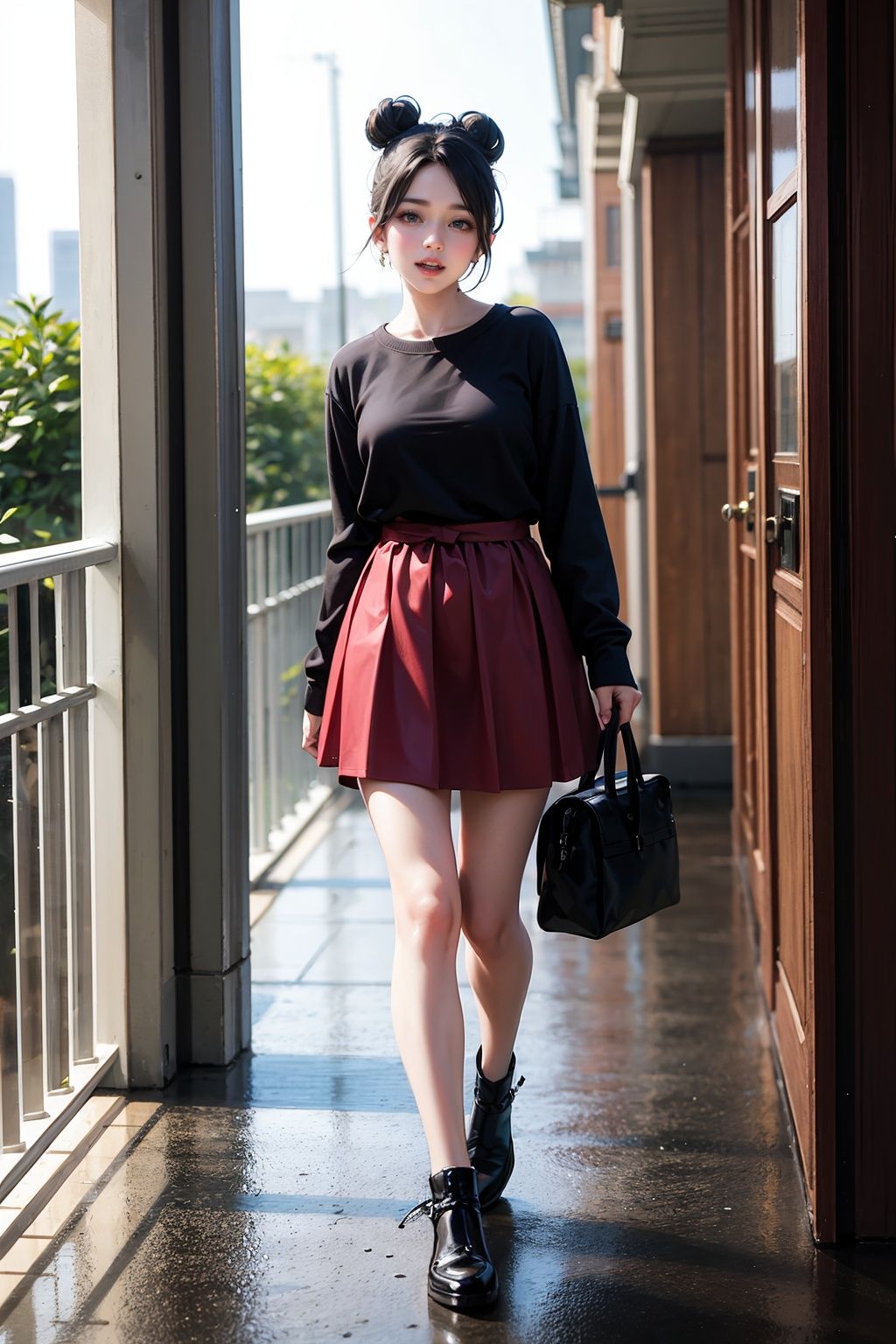masterpiece, best quality,standing, black hair bun,cold face, full body,happy,light effect, soft, super clear, high-definition picture, (front),cityscape,