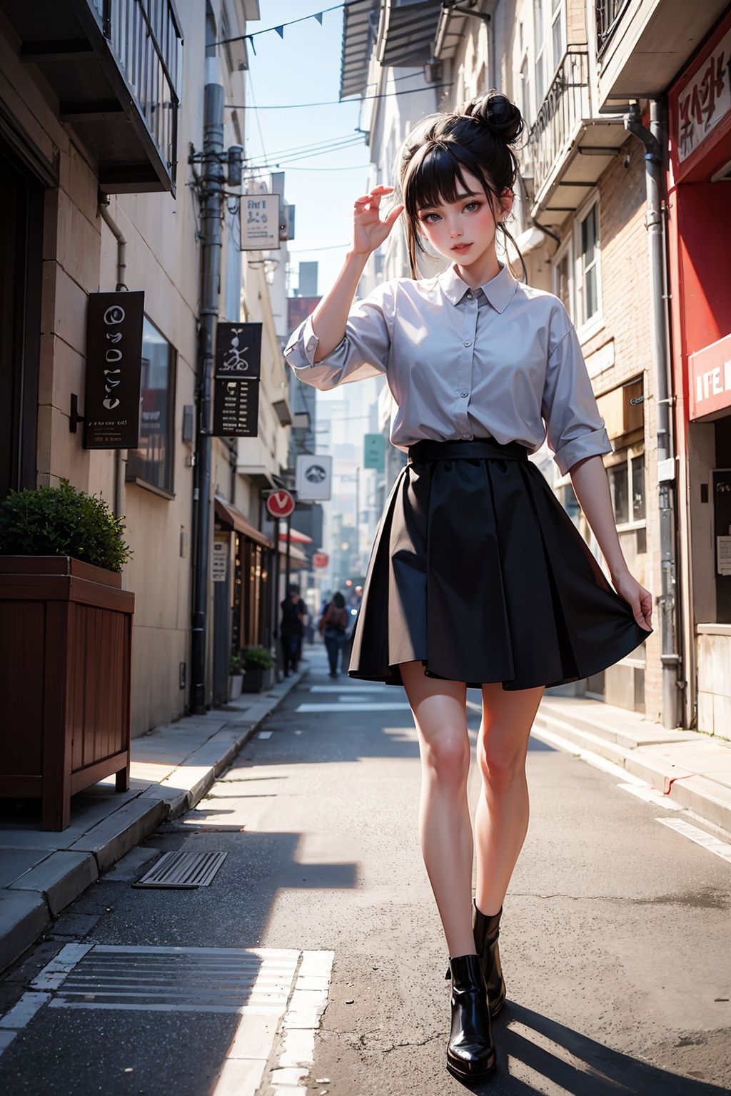 masterpiece, best quality,standing, black hair bun,cold face, full body,happy,light effect, soft, super clear, high-definition picture, (front),cityscape,