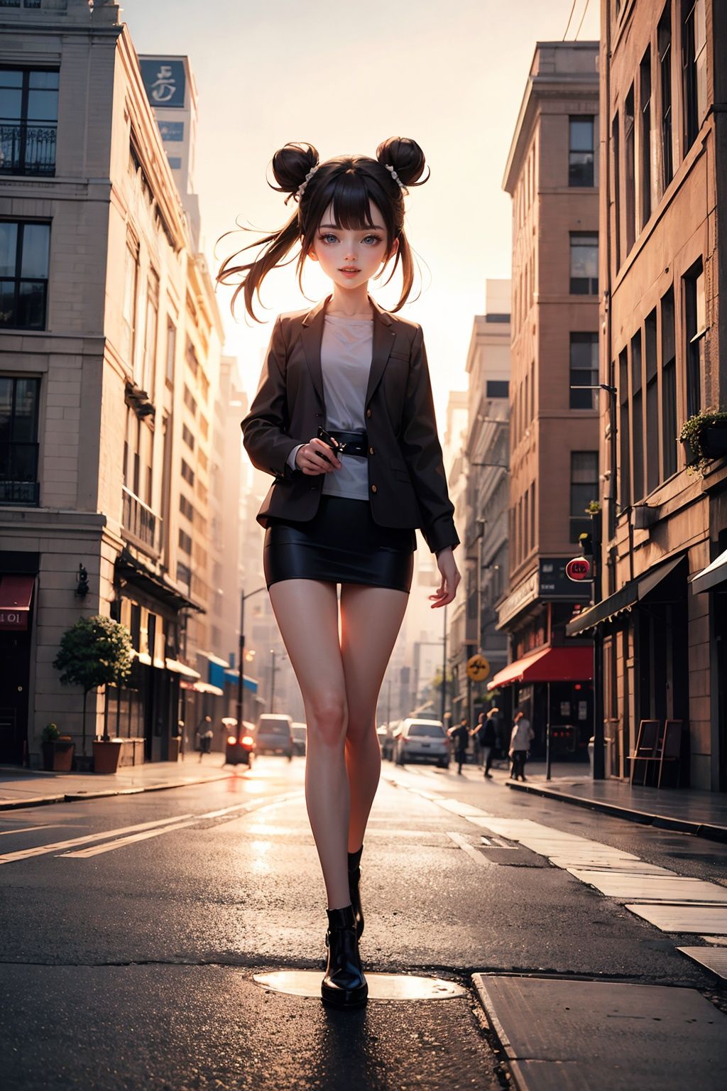 masterpiece, best quality,standing, black hair bun,cold face, full body,happy,light effect, soft, super clear, high-definition picture, (front),cityscape,