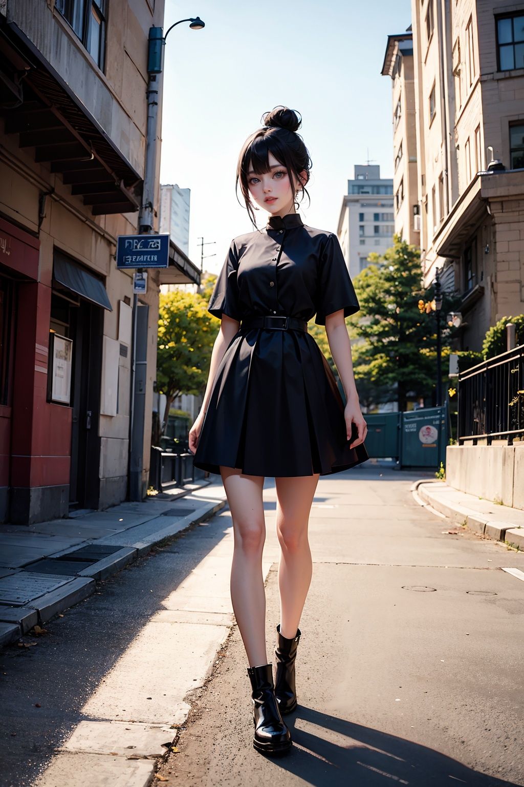 masterpiece, best quality,standing, black hair bun,cold face, full body,happy,light effect, soft, super clear, high-definition picture, (front),cityscape,