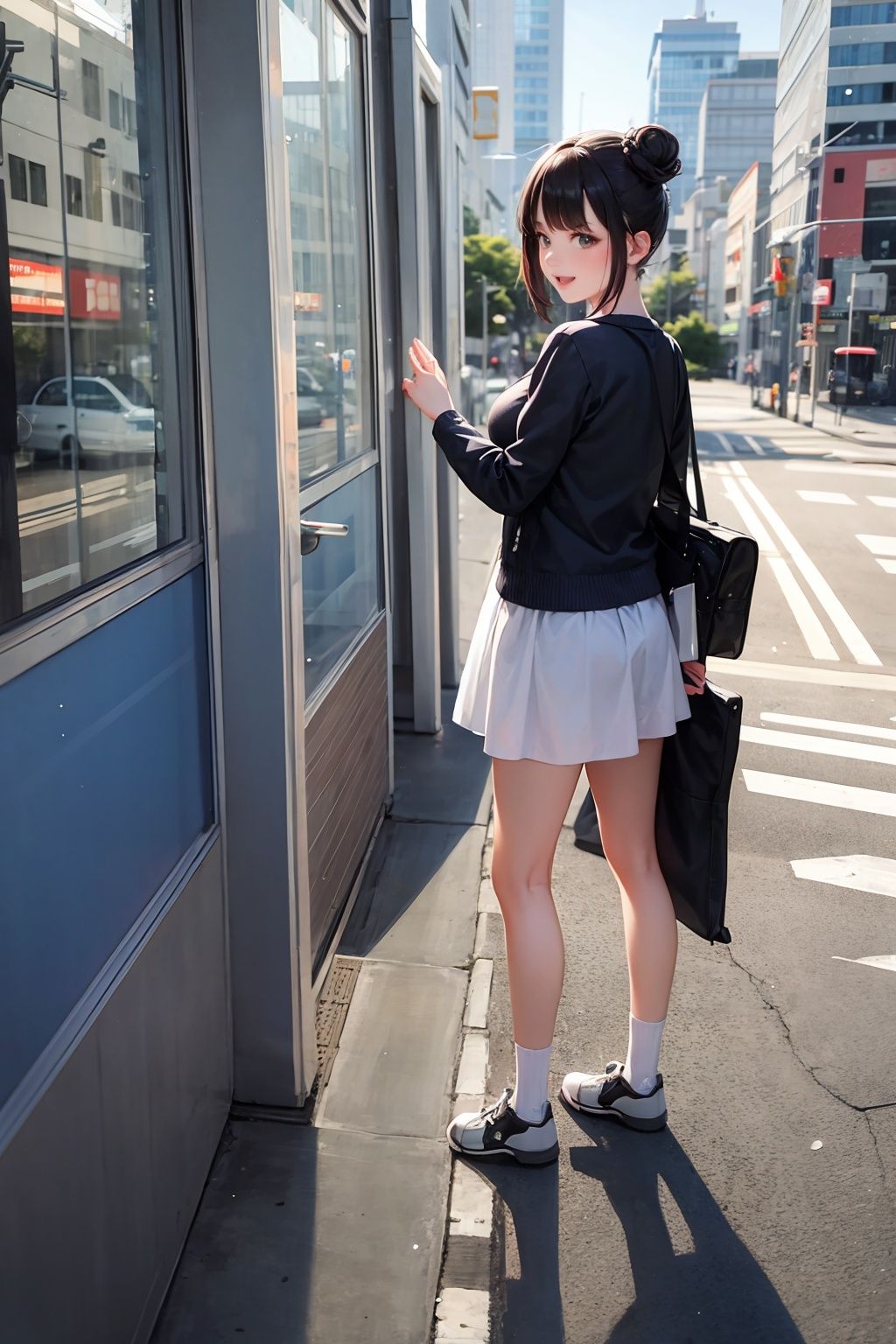 masterpiece, best quality,standing, black hair bun,cold face, full body,happy,light effect, soft, super clear, high-definition picture, (front),cityscape,