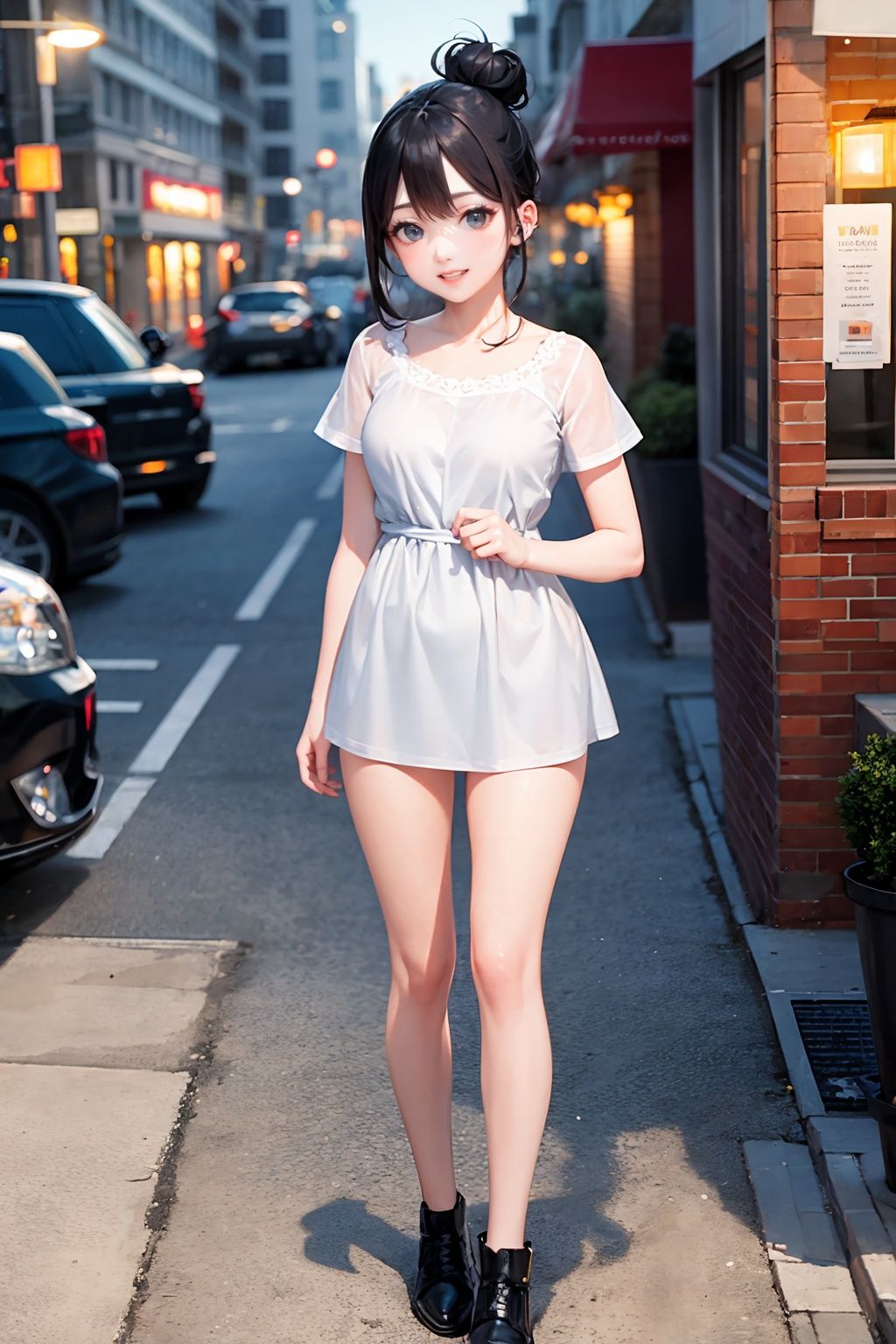 masterpiece, best quality,standing, black hair bun,cold face, full body,happy,light effect, soft, super clear, high-definition picture, (front),cityscape,