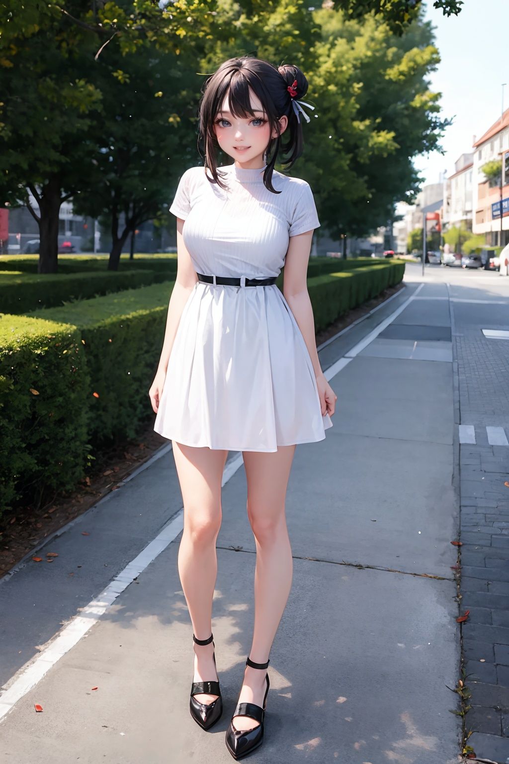 masterpiece, best quality,standing, black hair bun,cold face, full body,happy,light effect, soft, super clear, high-definition picture, (front),cityscape,