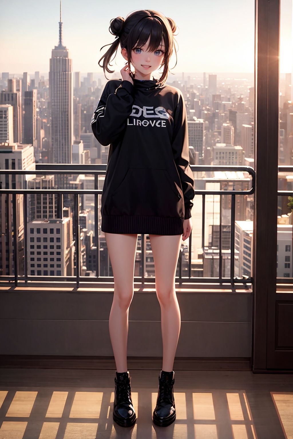 masterpiece, best quality,standing, black hair bun,cold face, full body,happy,light effect, soft, super clear, high-definition picture, (front),cityscape,