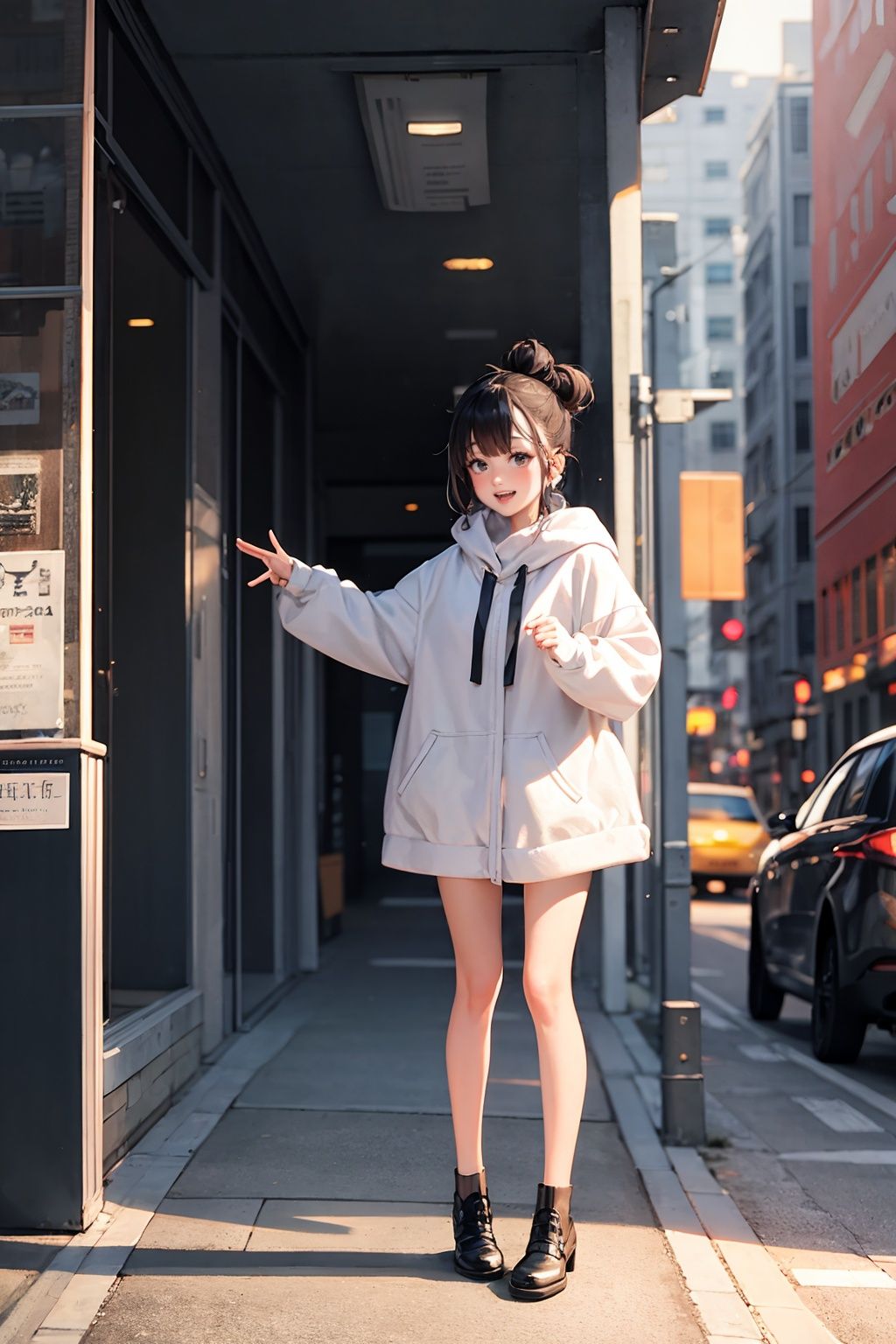 masterpiece, best quality,standing, black hair bun,cold face, full body,happy,light effect, soft, super clear, high-definition picture, (front),cityscape,