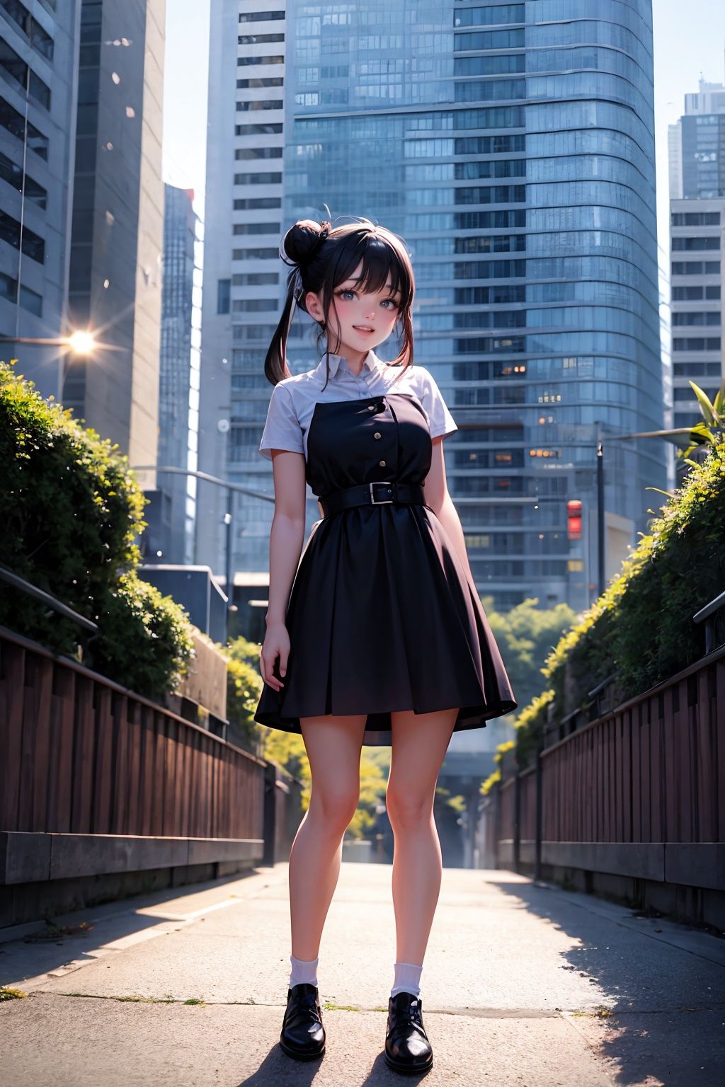 masterpiece, best quality,standing, black hair bun,cold face, full body,happy,light effect, soft, super clear, high-definition picture, (front),cityscape,