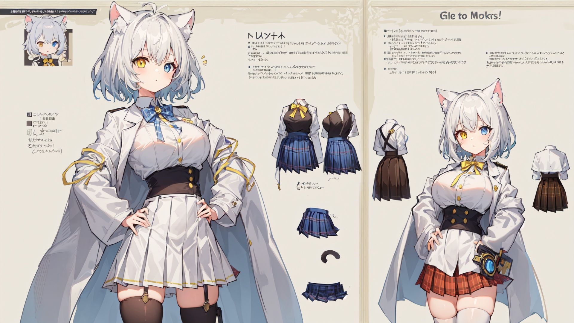 (((simple background))),(cowboy shot:0.8),1girl, (solo:1.2), (light blue eyes), (yellow eyes), (++heterochromia), big breasts, //(white Cat tail), Animal ears, short hair, Pointy hair, (white hair), (plaid:1.2), (off white labcoat1.4), legband, (brown pleated skirt:1.4), belt, shirt bow, flip-flops, neck ribbon, leg holster, //sprite sheet, white thighhighs,(from side, multiple views, from behind), (expressions), ((databook)), (annotated:1.4), ((costume chart)), ((((how to)))), (text:1.4), (hips:1.6), <lora:画风新海诚:0.4> <lora:画风焦茶v1.0:0.4> <lora:画风ohisashiburi V2.0:0.4>