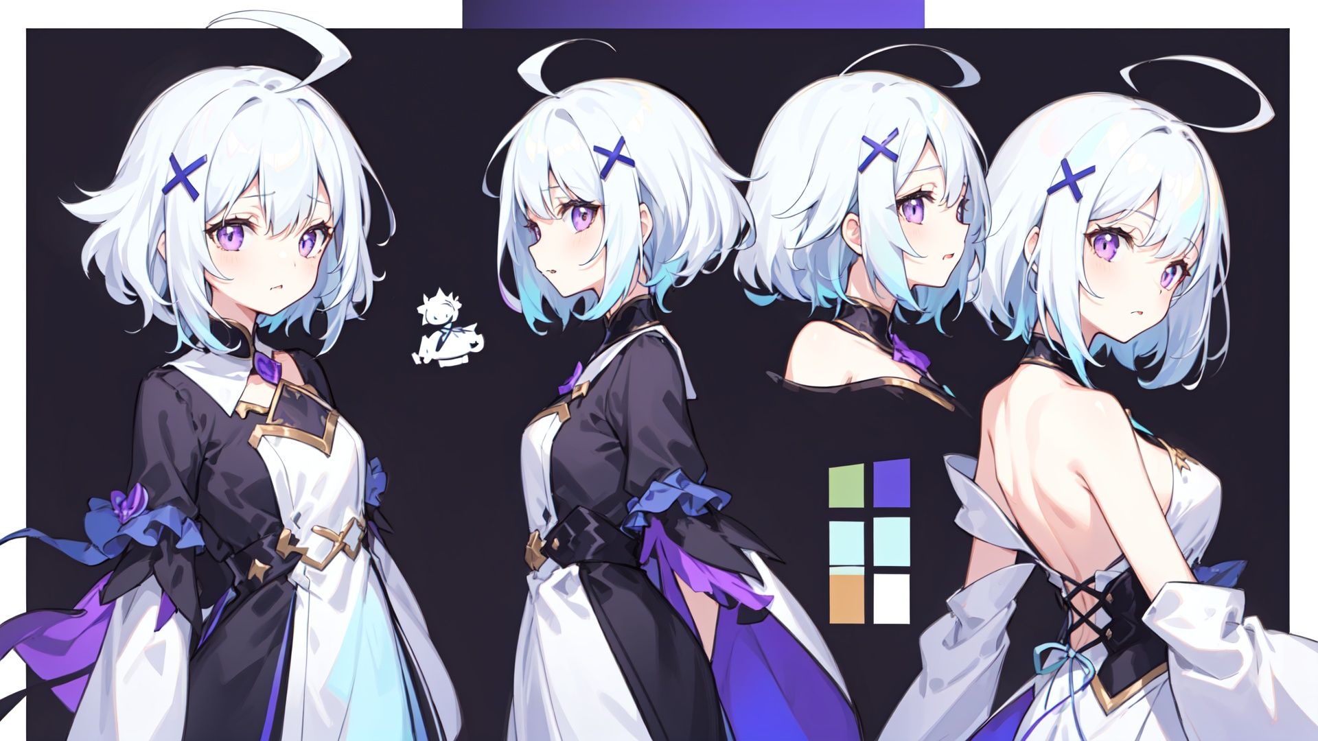 (((simple background))),(cowboy shot:0.8),1 girl, solo, (mature:1.2), (purple eyes), (x-shaped ornament:1.1), medium hair, messy hair, (white hair:1.28), (light blue hair:1.2), (++iridescent color hair:1.26), ahoge, swept bangs, hair intakes, medium breasts, drunk, (fang out:1.1), closed mouth, (light smile:0.8),(from side, multiple views, from behind), (expressions), ((databook)), (annotated), ((costume chart)), ((((how to)))),<lora:画风新海诚:0.4> <lora:画风焦茶v1.0:0.4> <lora:画风ohisashiburi V2.0:0.4>
