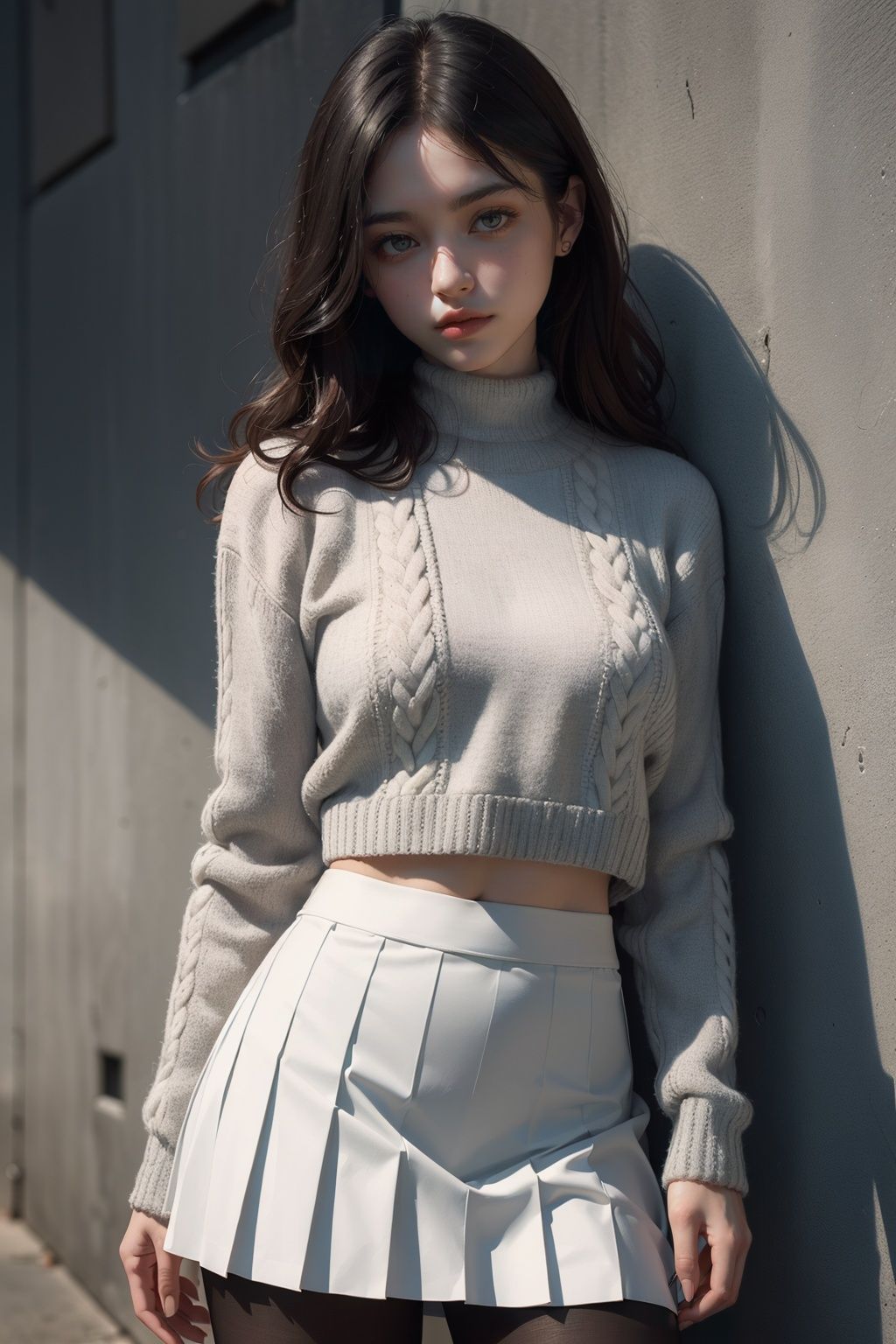 Best quality, masterpiece, ultra high res, raw photo, beautiful and aesthetic,deep shadow, dark theme,(photorealistic:1.4), (1girl, pantyhose, white pleated skirt, woolen sweater), slim body, fit,