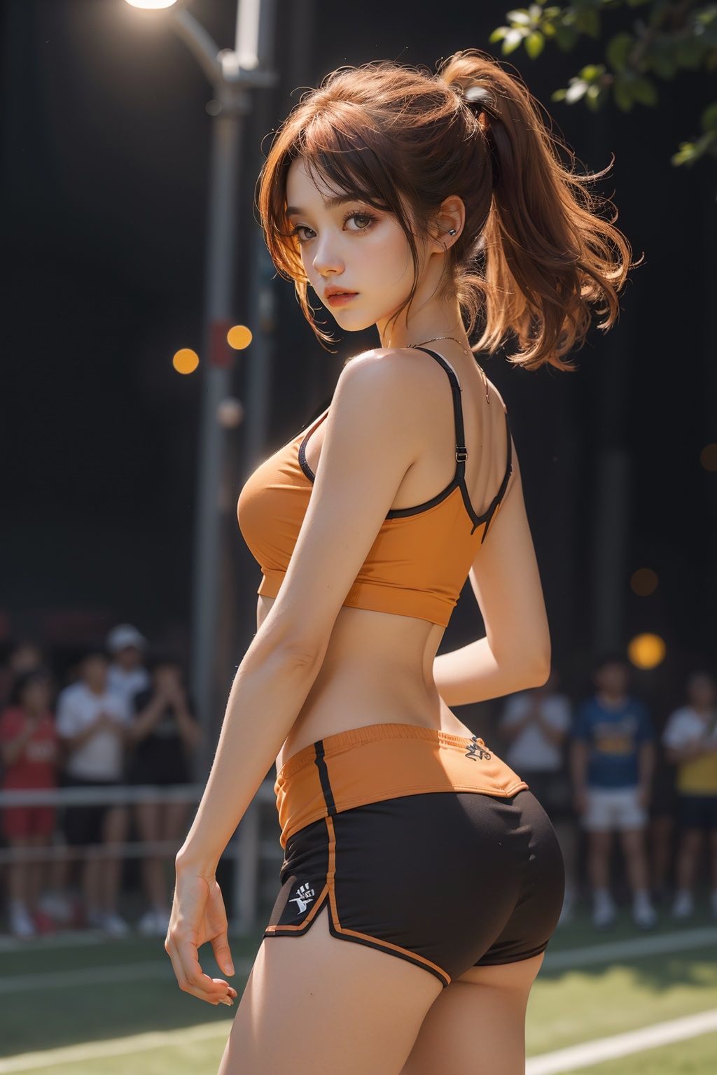 3/4 view of a slim beautiful girl, Attending sports events, wearing Fiberglass dark orange Low-waisted shorts, Illuminated Honey hair, Cobra, Depth of field 270mm