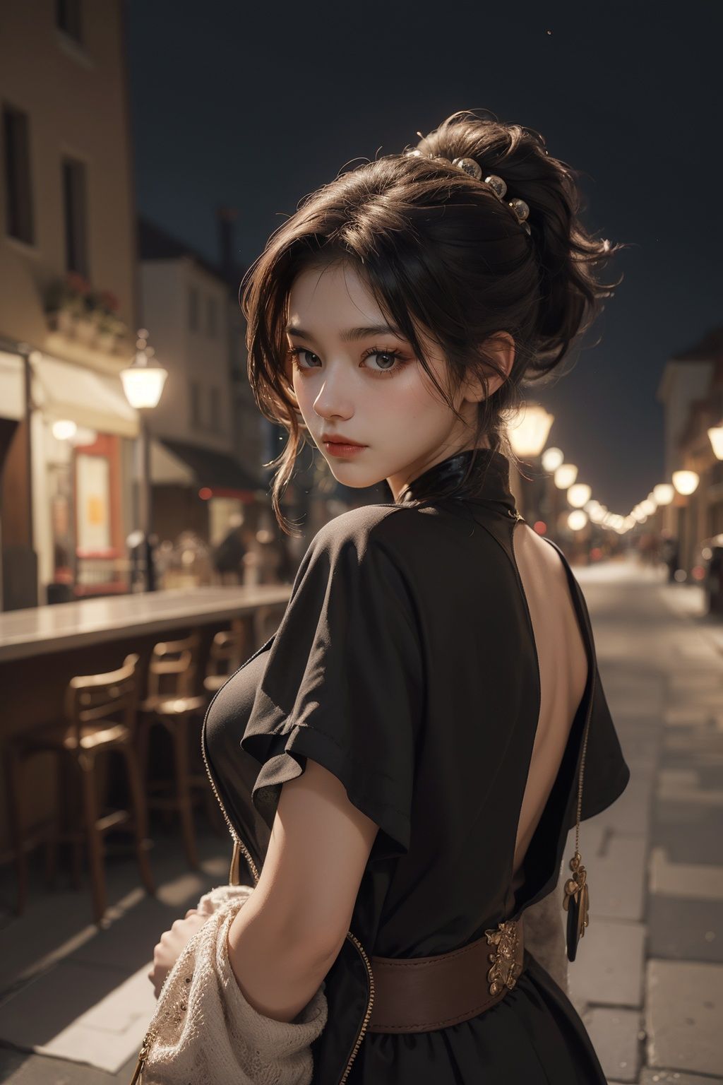 art by Dimitry Roulland,art by Armand Guillaumin, Octane render, beautiful girl, 🤯, wearing Venetian Coronet, Black hair styled as Low ponytail, at Nighttime, Smug