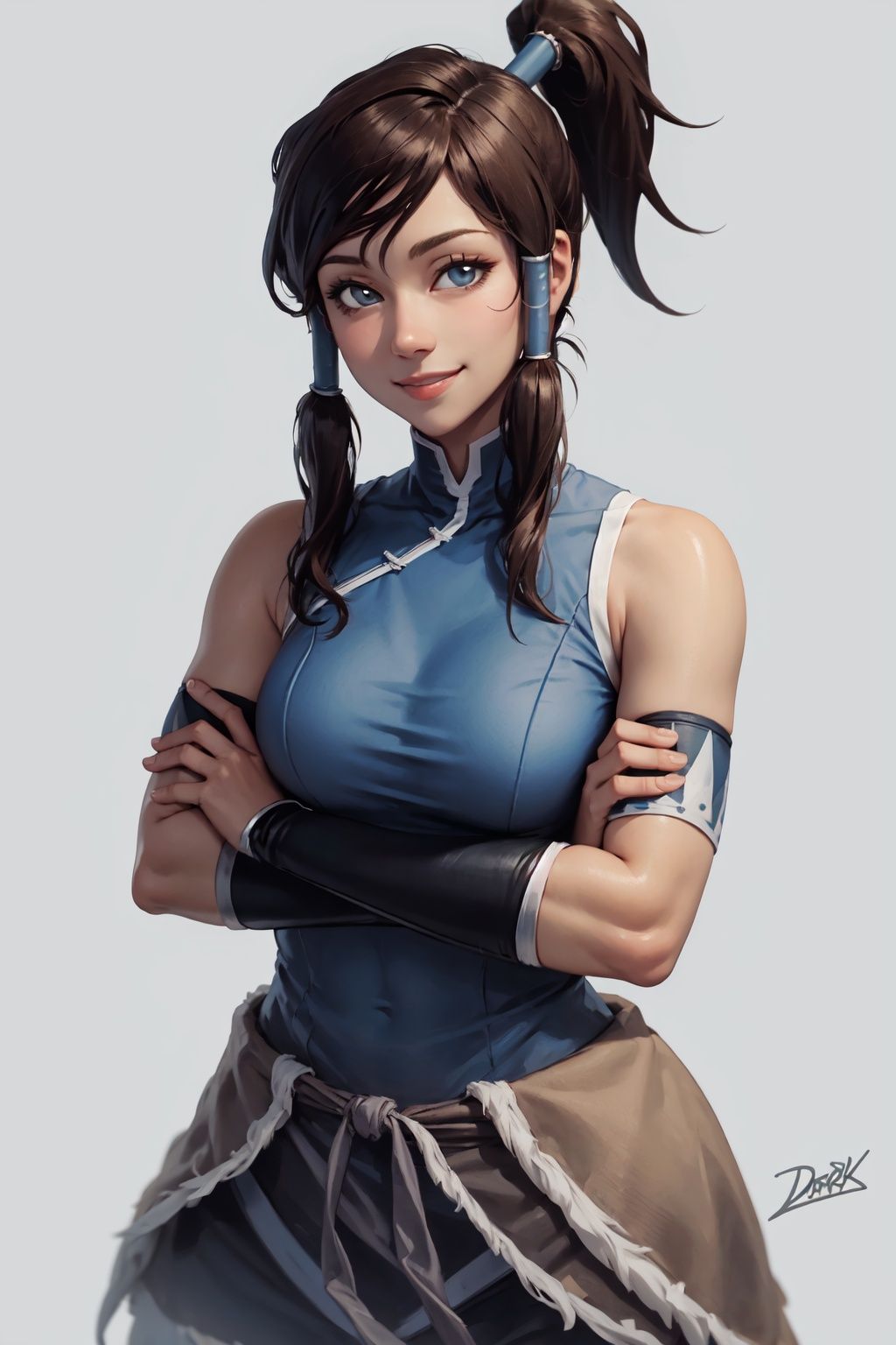 (masterpiece, best quality:1.2), solo, 1girl, korra, dark skin, dark-skinned female, smile, looking at viewer, crossed arms, ponytail, hair tubes, sleeveless, bare shoulders
