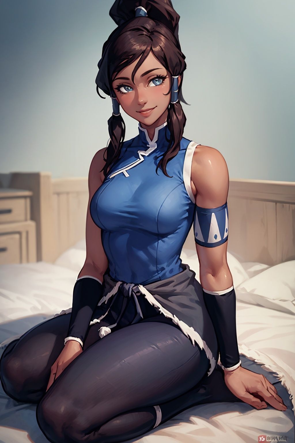 (masterpiece, best quality:1.2), solo, 1girl, korra, dark skin, dark-skinned female, smile, looking at viewer, seiza, ponytail, hair tubes, sleeveless, blue leggings, bare shoulders