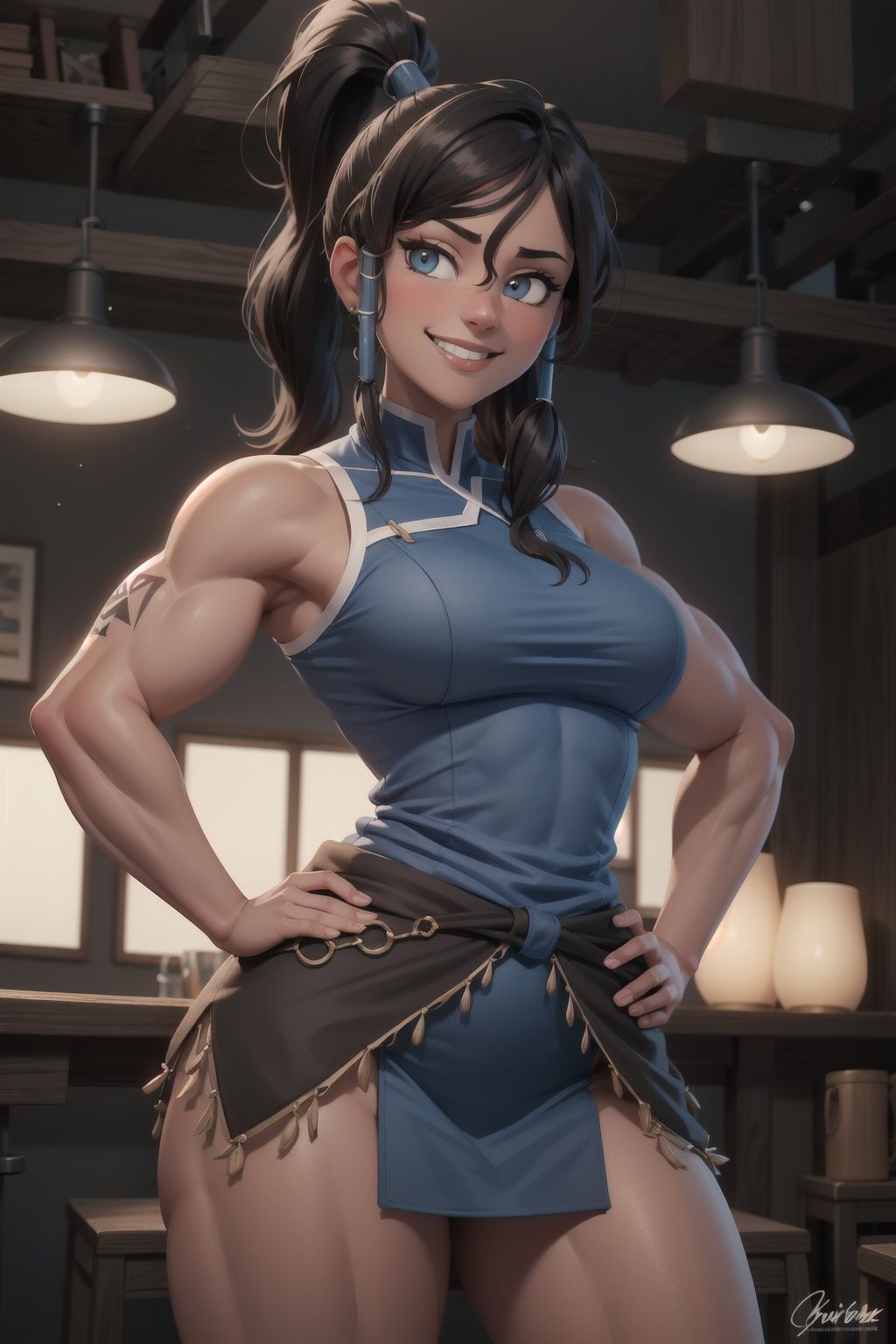 masterpiece, best quality, 1girl, solo, large breasts, muscular, sexy pose hands on hips, beautiful face, fair skin, light-skinned female, smile, looking at viewer, muscular woman, thick thighs,korra,dark skin,dark-skinned female,ponytail, hair tubes,short har,sleeveless,bare shoulders