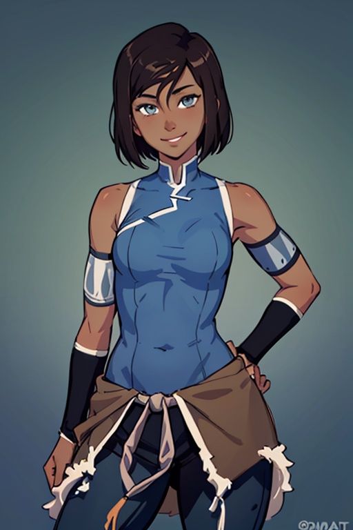 (masterpiece, best quality:1.2), solo, 1girl, korra, dark skin, dark-skinned female, smile, looking at viewer, hand on hip, short hair, sleeveless, bare shoulders