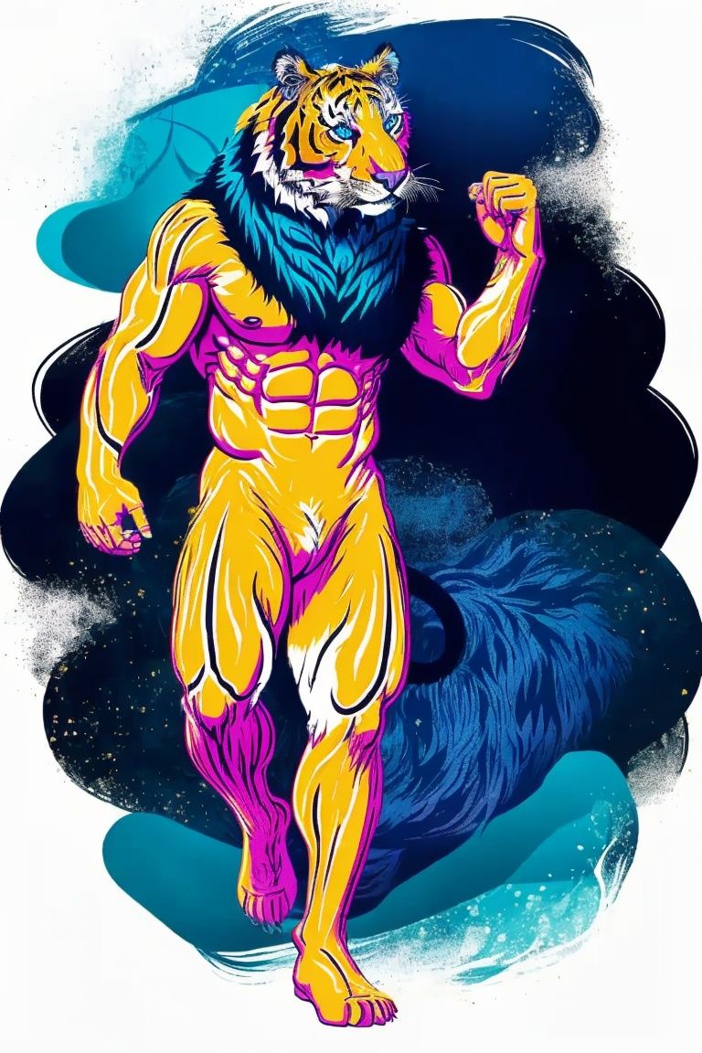 （tiger head:1.2）, (Animal anthropomorphism:1.2),(BIG Muscle:1.2)，(glowing lines), （nohuman:1.2), （Clear lines:1.2）,(full body:1.2),tail,