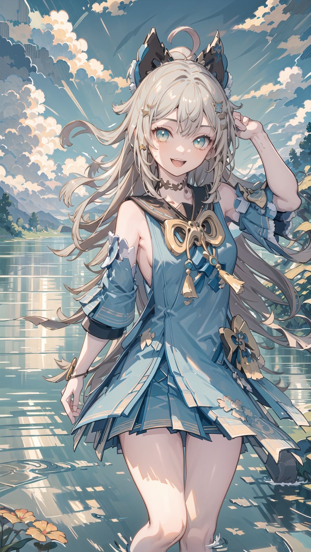 (masterpiece),(best quality),(ultra-detailed),(illustration), 1girl, detailed body, detailed face, detailed hair, detailed eyes,<lora:shenlilinghua-000009:1> smile, happy, open mouth, arms beside, detailed landscape, detailed background, summer, nostalgia, cumulonimbus, clouds, puddles, reflected on the water, railroad,Cute cat movements. <lora:Genshin_Kirara_AP_v1:1>