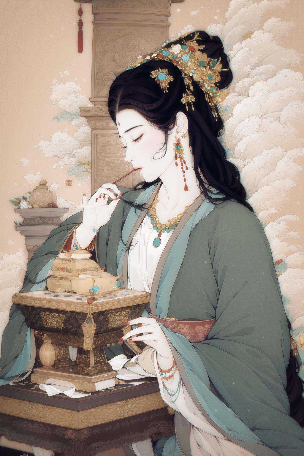 black_hair, 1girl, closed_eyes, long_hair, nail_polish, solo, jewelry,ancient art, chinese, 