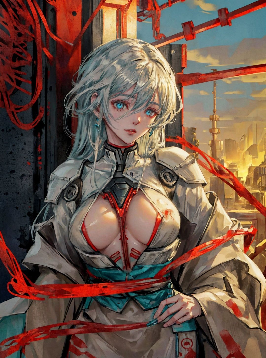 xhuoguo，<lyco:XhuoguoV2:1>，1mechanical_girl_with_kidou_keisatsu_patlabor_body , wearing_intricate_bioluminescent_mechanical_cyborg_armor_made_out_of ((white_beige_old_plastic)) , ((ultra realistic details)), detailed_face, global_illumination, shadows, octane_render, 8k, ultra_sharp, metal, ornaments_detailed,  cold_colors, egypician_detail, highly_intricate_details, realistic_light, trending_on_cgsociety, glowing_eyes,  look down on someone, from below, lifted by self, looking at viewer, neon_details, machanical_limbs, blood_vessels_connected_to_tubes, ((lot_wires_and_cables_connecting_to_head_and_body)), killing_machine, extremely_sexy, lustful, medium breasts,  slutty , official wallpaper,    NSFW,   <lora:more_details:0.4> , In the style of Neon Genesis Evangelion, you find yourself standing on a desolate, post - apocalyptic wasteland, as the distant ruins of a massive city loom on the horizon. The sky is filled with ominous clouds, as a massive creature towers in the distance