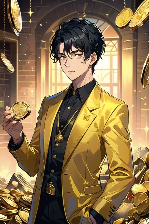 (A young man in his twenties with black hair, standing with a pile of gold coins behind him: 1.8)(Upper body display: 1.9)(Boys, Single: 1.7)(Golden gleam and sparkle from the coins: 1.8)(Wealth and abundance: 1.6), <lora:EMS-397-EMS:0>