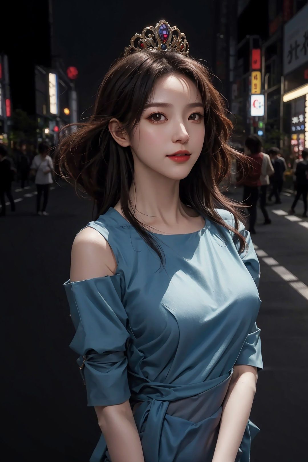1girl,happy,tokyo street,city lights,flexing,close-up,8k,raw photo,best quality,masterpiece,realistic,photo-realistic,(large breasts:1.3),lips,solo,elegant,highly detailed,majestic,digital photography,detailed eyes,tiara,<lora:llfmafanshu:0.7>,(Upper body above waist:1.5),