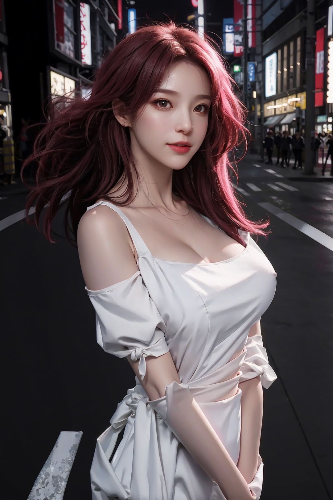 1girl,happy,tokyo street,city lights,flexing,close-up,8k,raw photo,best quality,masterpiece,realistic,photo-realistic,(large breasts:1.3),lips,solo,elegant,highly detailed,majestic,digital photography,detailed eyes,<lora:llfmafanshu:0.7>,(Upper body above waist:1.5),Long pink hair,White wedding dress,