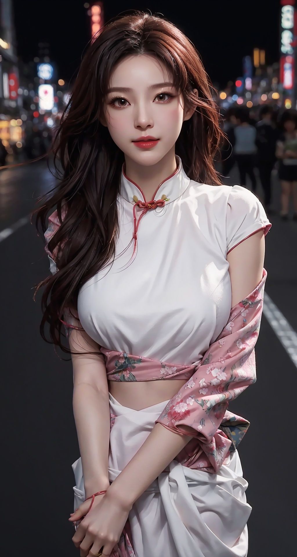1girl,happy,tokyo street,city lights,flexing,close-up,8k,raw photo,best quality,masterpiece,realistic,photo-realistic,(large breasts:1.3),lips,solo,elegant,highly detailed,majestic,digital photography,detailed eyes,<lora:llfmafanshu:0.7>,(Upper body above waist:1.5),white cheongsam,Long pink hair,