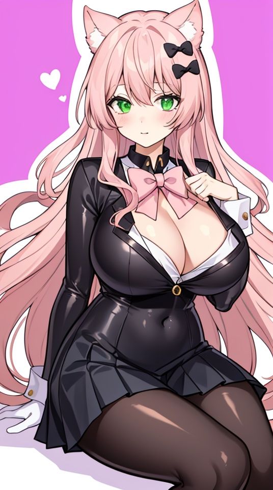 1 cat girl, (solo), (light pink hair), (big breasts), long wavy hair, cat ears, green eyes, white bow ornament, unbuttoned clothes, black pleated skirt, latex bodysuit,