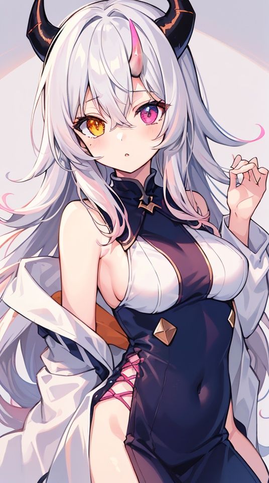 1 girl, (ryunnu:1.4), (deep blue horns), (((j.k.))), long hair and messy hair and (hair intakes:1.2), (hair between eyes, swept bangs), (light pink highlights:1.2) and (light silver hair:1), //((pink eyes)), ((orange eyes)), (++heterochromia)//, medium breasts, demon tail, 