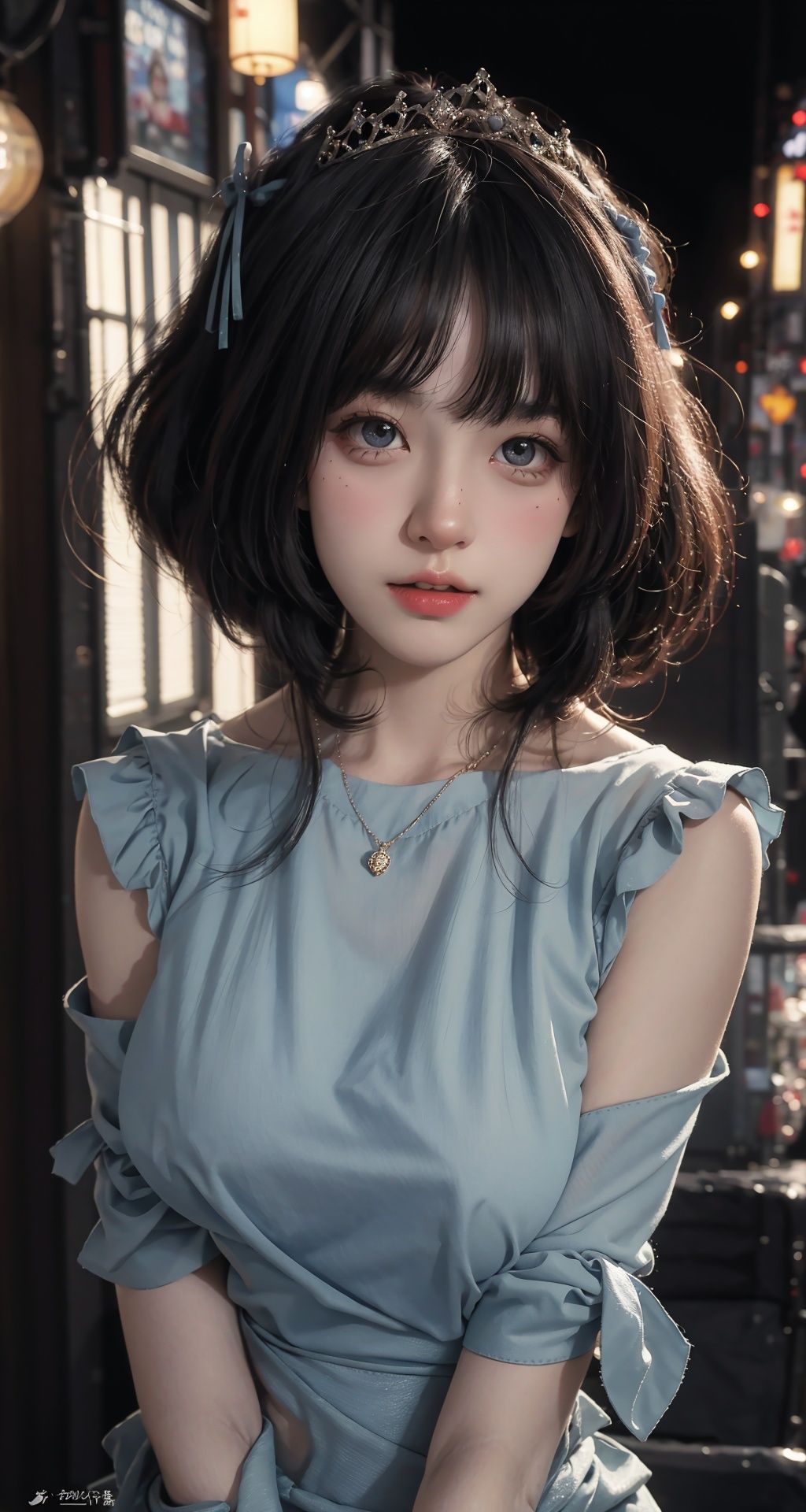1girl,happy,tokyo street,city lights,flexing,close-up,8k,raw photo,best quality,masterpiece,realistic,photo-realistic,(large breasts:1.3),lips,solo,elegant,highly detailed,majestic,digital photography,detailed eyes,tiara,<lora:yuziV3:0.7>,(Upper body above waist:1.5),