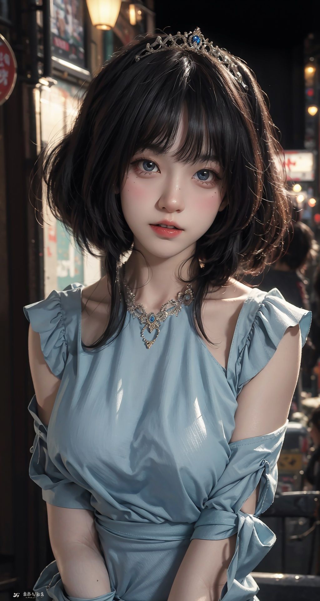 1girl,happy,tokyo street,city lights,flexing,close-up,8k,raw photo,best quality,masterpiece,realistic,photo-realistic,(large breasts:1.3),lips,solo,elegant,highly detailed,majestic,digital photography,detailed eyes,tiara,<lora:yuziV3:0.7>,(Upper body above waist:1.5),