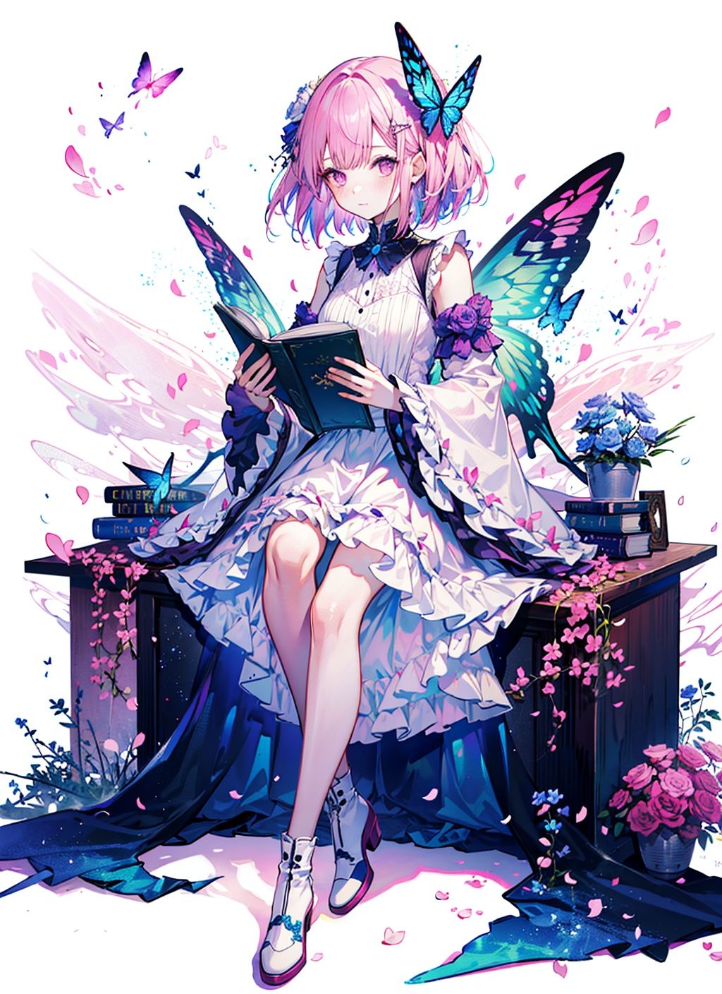 parameters(pink theme),1girl, solo, flower, pink hair, long hair, wings, white background, pink flower, hair ornament, book, pink eyes, sitting, hair flower, dress, frills, simple background, white footwear, looking at viewer, bangs, petals, wide sleeves, full body, blue flower, holding, boots, long sleeves, closed mouth, very long hair, open book, wrist cuffs, white dress, holding book, butterfly wings, rose, pink rose, blush, purple flower, frilled dress, fairy wings, frilled sleeves,