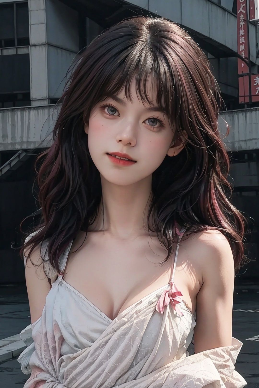 1girl,happy,tokyo street,city lights,flexing,close-up,8k,raw photo,best quality,masterpiece,realistic,photo-realistic,(large breasts:1.3),lips,solo,elegant,highly detailed,majestic,digital photography,detailed eyes,(Upper body above waist:1.5),Long pink hair,White wedding dress,<lora:狄子怡:0.6>,