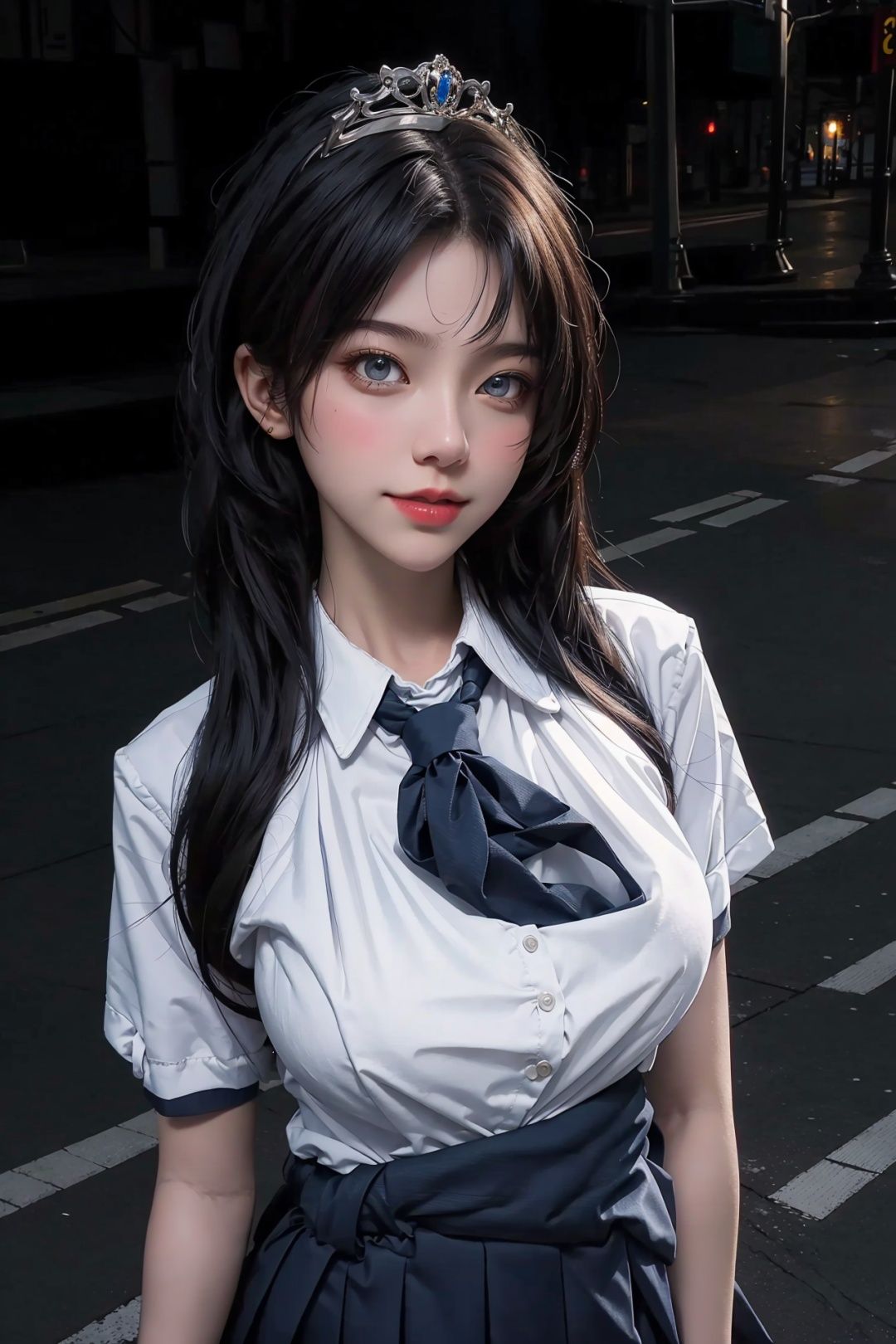 1girl,happy,tokyo street,city lights,flexing,close-up,8k,raw photo,best quality,masterpiece,realistic,photo-realistic,(large breasts:1.3),lips,solo,elegant,highly detailed,majestic,digital photography,detailed eyes,tiara,<lora:ayV3:0.5>,(Upper body above waist:1.5),(School uniform:1.5),