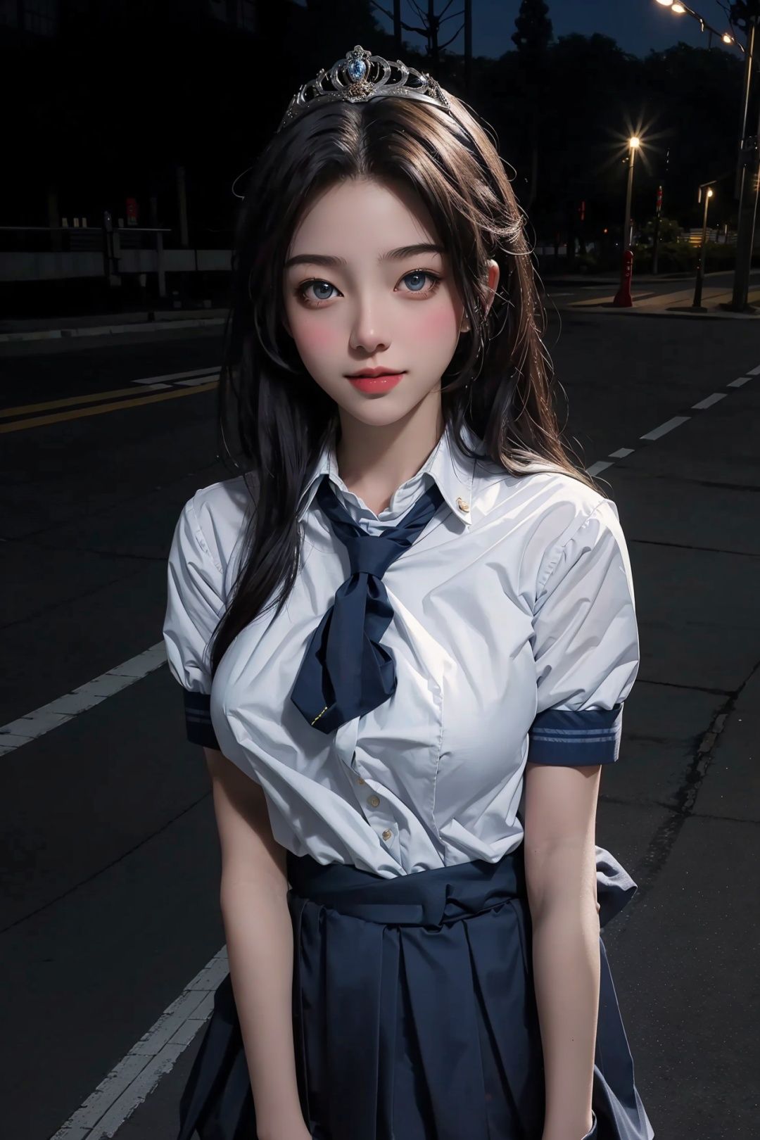 1girl,happy,tokyo street,city lights,flexing,close-up,8k,raw photo,best quality,masterpiece,realistic,photo-realistic,(large breasts:1.3),lips,solo,elegant,highly detailed,majestic,digital photography,detailed eyes,tiara,<lora:ayV3:0.5>,(Upper body above waist:1.5),(High school girls uniform:1.5),