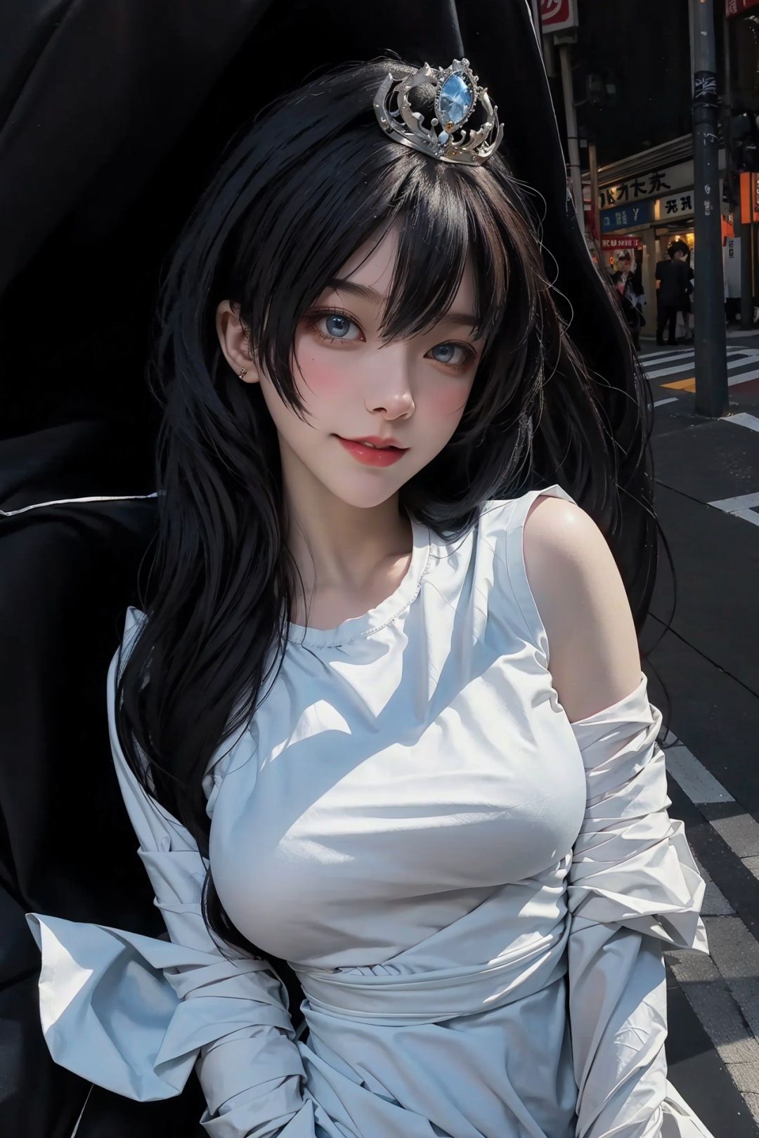 1girl,happy,tokyo street,city lights,flexing,close-up,8k,raw photo,best quality,masterpiece,realistic,photo-realistic,(large breasts:1.3),lips,solo,elegant,highly detailed,majestic,digital photography,detailed eyes,tiara,<lora:ayV3:0.7>,(Upper body above waist:1.5),High school girls uniform,