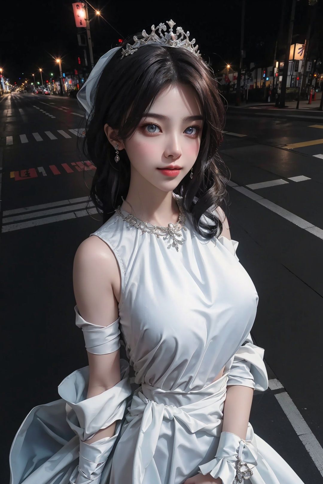 1girl,happy,tokyo street,city lights,flexing,close-up,8k,raw photo,best quality,masterpiece,realistic,photo-realistic,(large breasts:1.3),lips,solo,elegant,highly detailed,majestic,digital photography,detailed eyes,tiara,(Upper body above waist:1.5),<lora:ayV3:0.5>,Wedding dress,